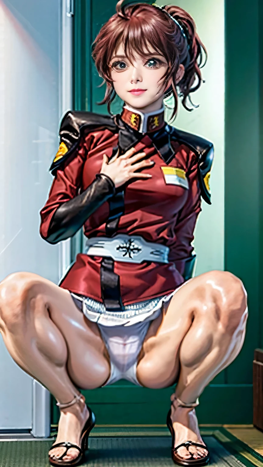 real photos、best image quality、real image、squat and open your legs、beautiful and best smile、(White cotton bikini panties:1,4)、Shikoshiko with right hand、federal army uniform miniskirt、Yuko Sugai、japanese woman, 、ponytail、Satomi Ishihara、pretty girl、white pantiesが丸見え、(white panties:1.3)、super mini skirt、beautiful thighs、white panties、ミニスカートがめくれてwhite pantiesが見えてる