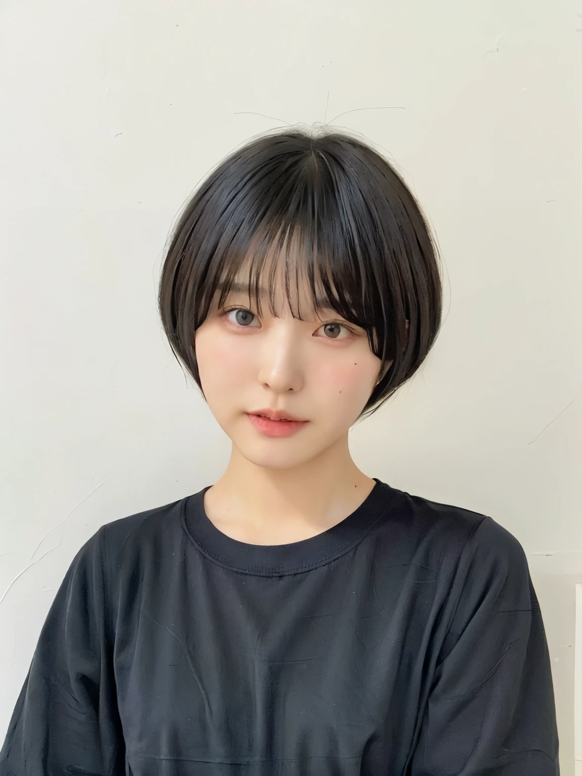 Black long sleeve dress、Fashionable dresses、table top、(white wall in the background、Taken in front of the white door:1.4)、((highest quality、8K、masterpiece:1.3))、ultra high resolution、(photogenuineistic:1.4)、RAW photo、Japanese,(face)、genuine、Photographed in natural light、Highly detailed face and skin texture、highly detailed lips、correct state of the human body、shortcut、short hair、short hair、black hair、various poses、natural color lip
