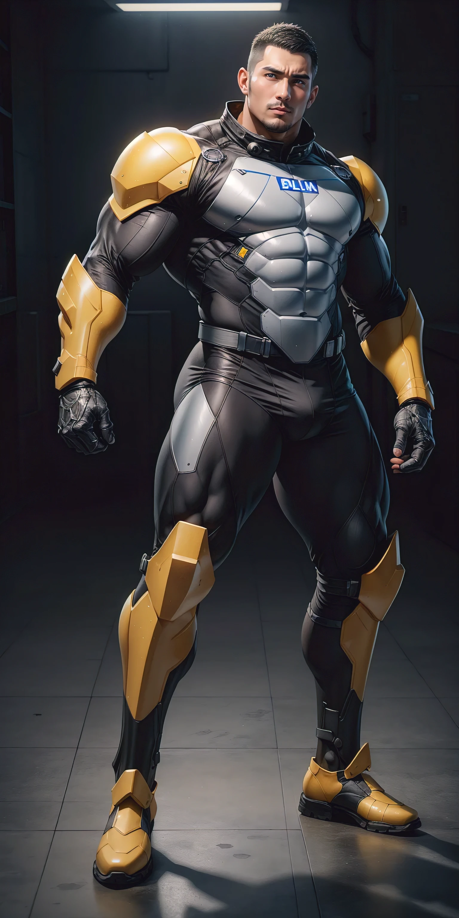 Tall giant muscular police officer, Yellow-gray honeycomb network pattern nano mecha, he&#39;Wearing a mechanical helmet, honeycomb pattern, Lightweight texture, character concept（Resident Evil - chris redfield, chris redfield）senior police officer, small grid texture, regular symmetrical texture pattern, heroic male pose, tall burly, muscular！Charming leg muscles, High, burly, heqiang, Super gain and cool, high resolution committee, Yellow-gray ultra-thin nano mechanical boots suitable for big feet, Charming strong man, The bright sunshine is shining on you, matte particles, shiny texture