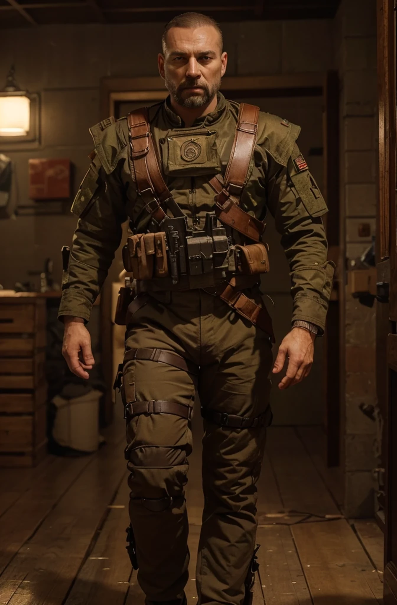 Male soldier, Russian very masculine face, serious expression, Has advanced optical lens in one eye, has a large scar on his face, Metallic dark brown Soviet retro style cyborg military suit with red details, Harnesses and belts with ammunition, holsters, It is in the Siberian steppe, snow, red sky, 4k, Ultra detailed image, realistic, Highly detailed, perfect composition, splendid, Intricately detailed, Incredibly detailed, 8 k artistic photography, hyper detailed, Masterpiece, Ultra detailed, hyper realistic, 4k , Ultra detailed image, realistic, Highly detailed, perfect composition, splendid, Intricately detailed, Incredibly detailed, 8 k artistic photography, hyper detailed, Masterpiece