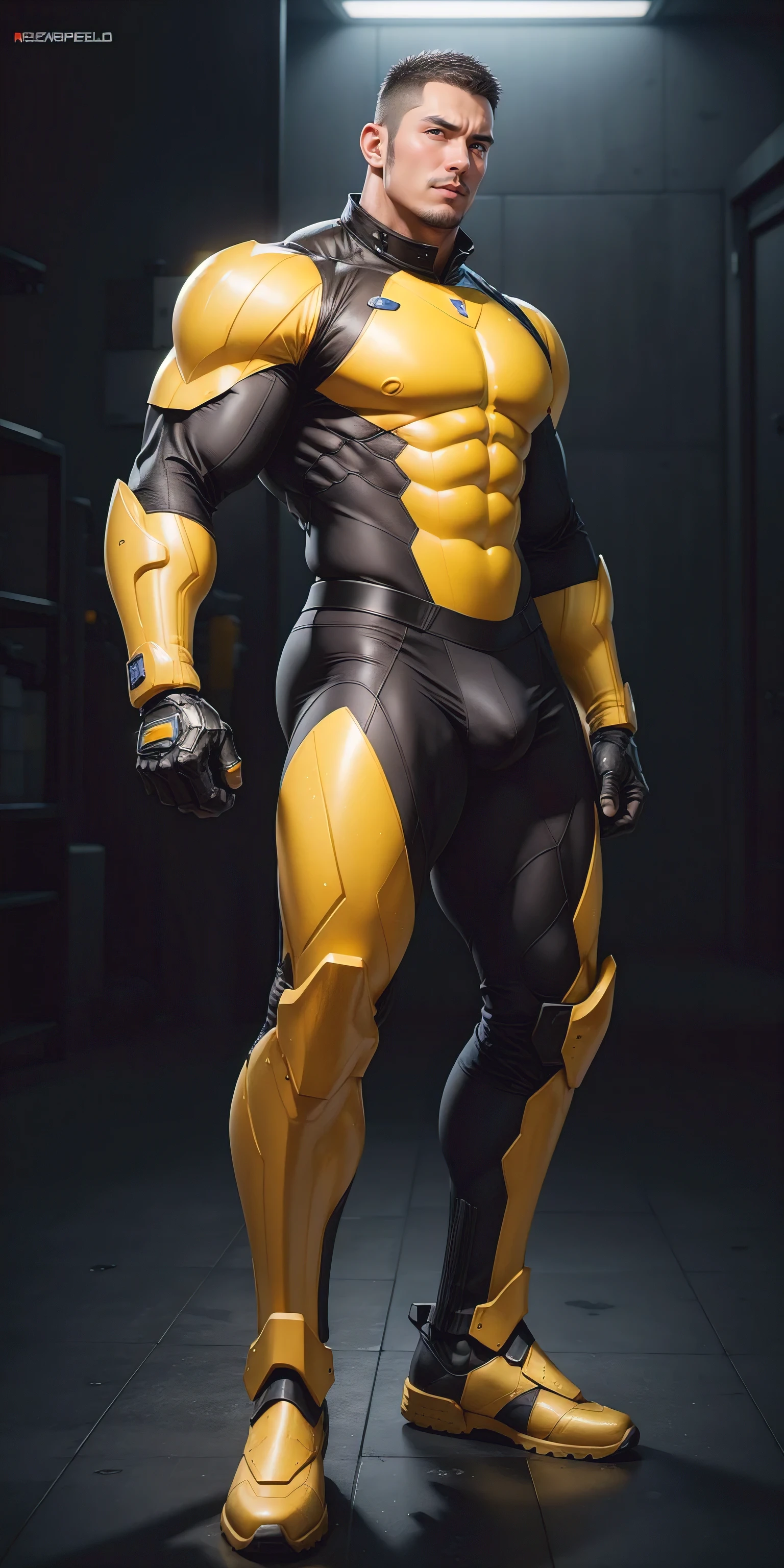 Tall giant muscular police officer, Yellow-gray honeycomb network pattern nano mecha, he&#39;Wearing a mechanical helmet, honeycomb pattern, Lightweight texture, character concept（Resident Evil - chris redfield, chris redfield）senior police officer, small grid texture, regular symmetrical texture pattern, heroic male pose, tall burly, muscular！Charming leg muscles, High, burly, heqiang, Super gain and cool, high resolution committee, Yellow-gray ultra-thin nano mechanical boots suitable for big feet, Charming strong man, The bright sunshine is shining on you, matte particles, shiny texture