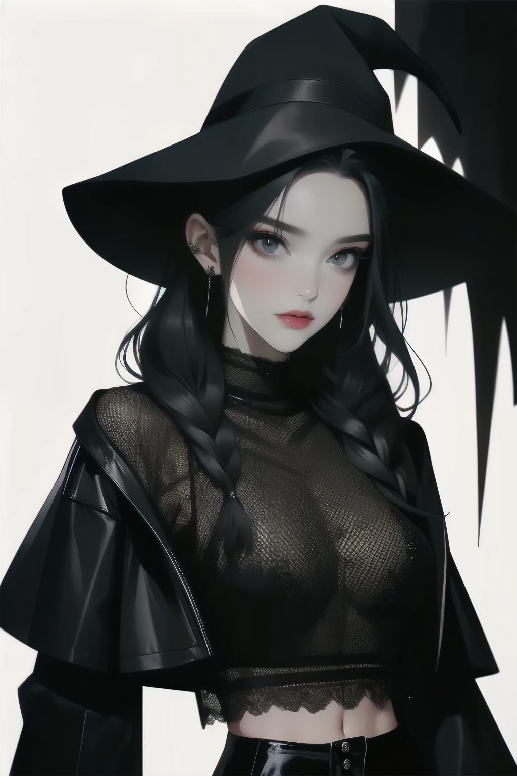 A beautiful gothic satanic witch with black hairstyle with high braids wearing a see-through mesh top and leather leggings ((melhor qualidade)), ((obra-prima)), (detalhado), rosto perfeito