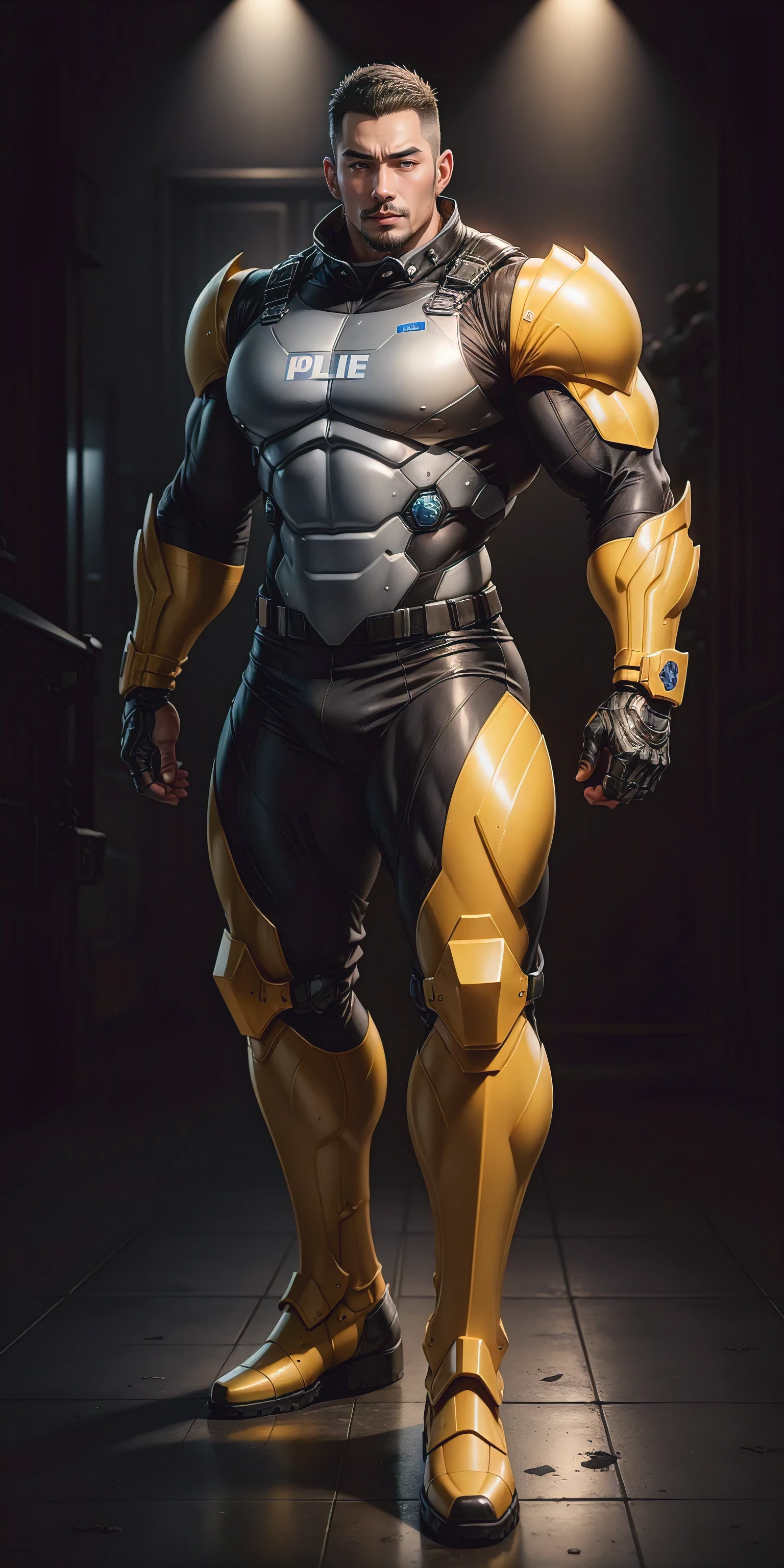 Tall giant muscular police officer, Yellow-gray honeycomb network pattern nano mecha, he'Wearing a mechanical helmet, honeycomb pattern, Lightweight texture, character concept(Resident Evil - chris redfield, chris redfield)senior police officer, small grid texture, regular symmetrical texture pattern, heroic male pose, tall burly, muscular!Charming leg muscles, High, burly, heqiang, Super gain and cool, high resolution committee, Yellow-gray ultra-thin nano mechanical boots suitable for big feet, Charming strong man, The bright sunshine is shining on you, matte particles, shiny texture