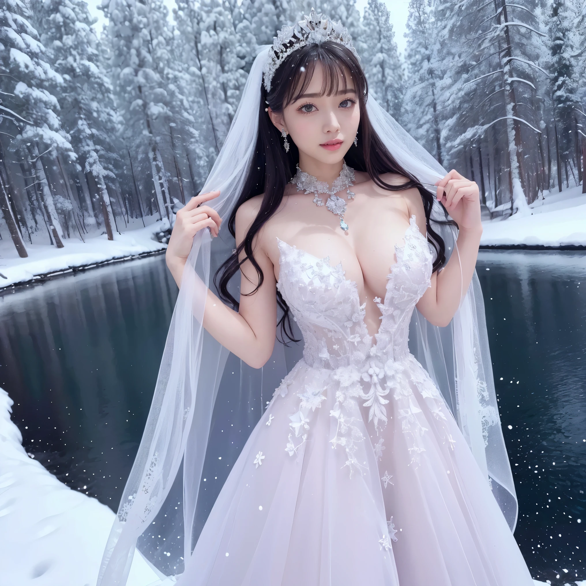 ((highest quality、table top、8K、best image quality、extremely complex and detailed depiction))、The most luxurious and highest quality giant tiara、The most luxurious and highest quality giant necklace、Yukihime、(雄大で美しいsnow forestの中で:1.1)、big and full breasts、skin as white as snow、glowing skin、perfect purple and white gradient dress、purple and white dress encrusted with jewels、purple and white dress、Elegant and beautiful purple and white high-end dress、elegant decoration、Diamond decoration、artistic decoration、dress with lots of jewels、Luxury beyond imagination、the most luxurious decoration in the world、shining snow、Shining blizzard、Fantastic snowscape、Snow like a jewel、Diamond dust、The most realistic and complex background、Highly detailed and realistic background、smile looking at me、(pure white skin:1.1)、Pure white makeup、(accurate anatomy:1.1)、Photo above the waist、キラキラと微細にshining snow、epic movie lighting、the most delicate sparkle of snow、tree covered with snow々、beautiful tree covered in snow々、(美しいfantastic starry sky:1.2)、fantastic starry sky、starry sky in snowy mountains、It&#39;s snowing、snow forest、(There is a beautiful clear pond in the distance.:1.2)、jade eyes、(the most fantastic and romantic:1.1)、blurred background、portrait photography