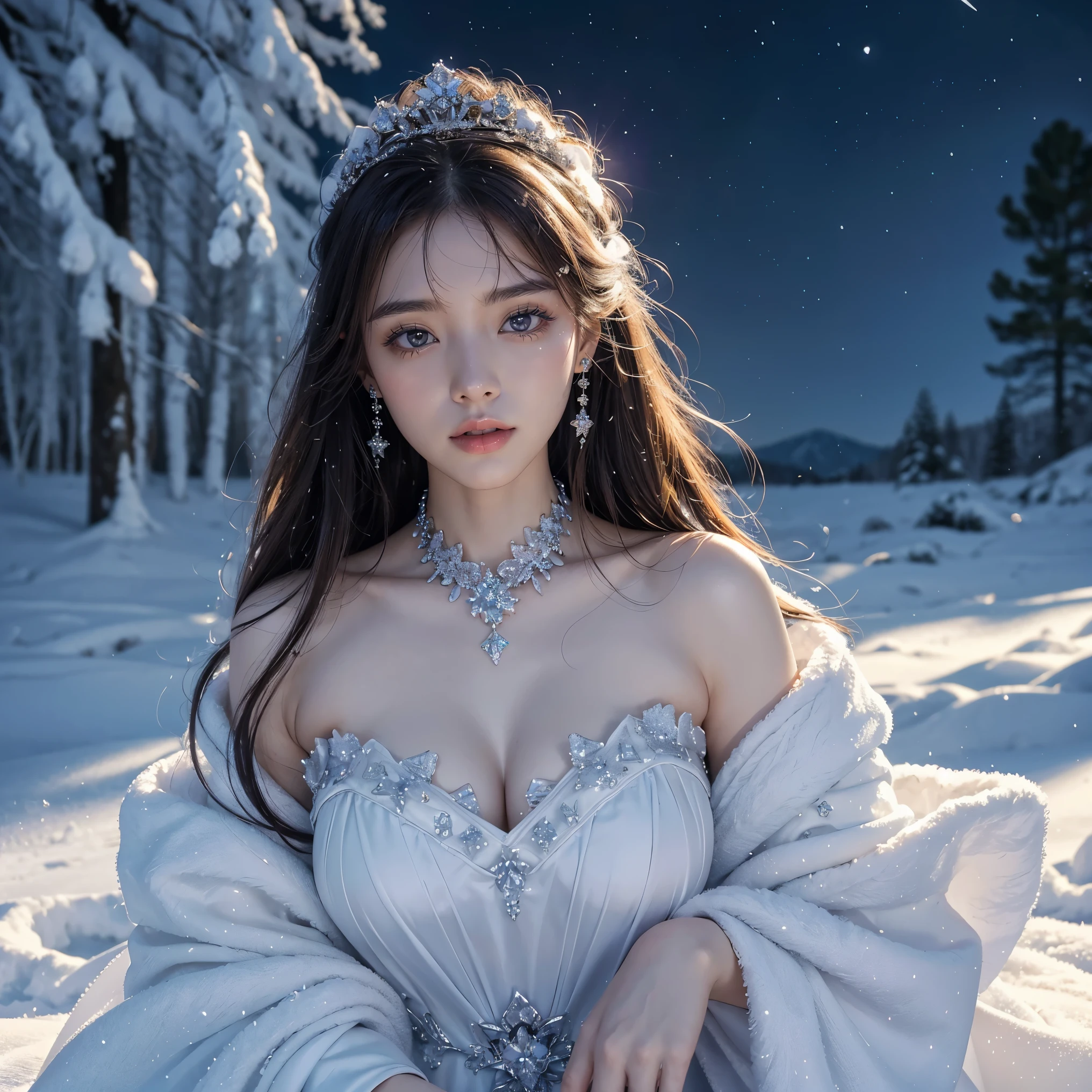 ((highest quality、table top、8K、best image quality、extremely complex and detailed depiction))、The most luxurious and highest quality giant tiara、The most luxurious and highest quality giant necklace、Yukihime、(In the majestic and beautiful snowy forest:1.1)、big and full breasts、skin as white as snow、glowing skin、Dresses that shine in silver、Elegant and beautiful pure white snow dress、elegant decoration、Diamond Decoration、artistic decoration、dress with lots of jewels、Luxury beyond imagination、The most gorgeous decorations in the world、shining snow、Shining blizzard、Fantastic snowscape、Snow like a jewel、Diamond dust、The most realistic and complex backgrounds、Highly detailed and realistic background、A cold expressionless face stares at me、(pure white skin:1.1)、pure white makeup、(accurate anatomy:1.1)、Photo above the waist、キラキラと微細にshining snow、epic movie lighting、the most delicate sparkle of snow、tree covered with snow々々、beautiful tree covered in snow々、(Beautiful fantastic orange and purple starry sky:1.2)、Fantastic starry sky、starry sky in snowy mountains、that'It's snowing、Snowy forest、(There is a beautiful clear small pond in the distance..:1.2)、jade eyes、(the most fantastic and romantic:1.1)、blurred background、photo portrait、(fantastic light blue fog:1.1)