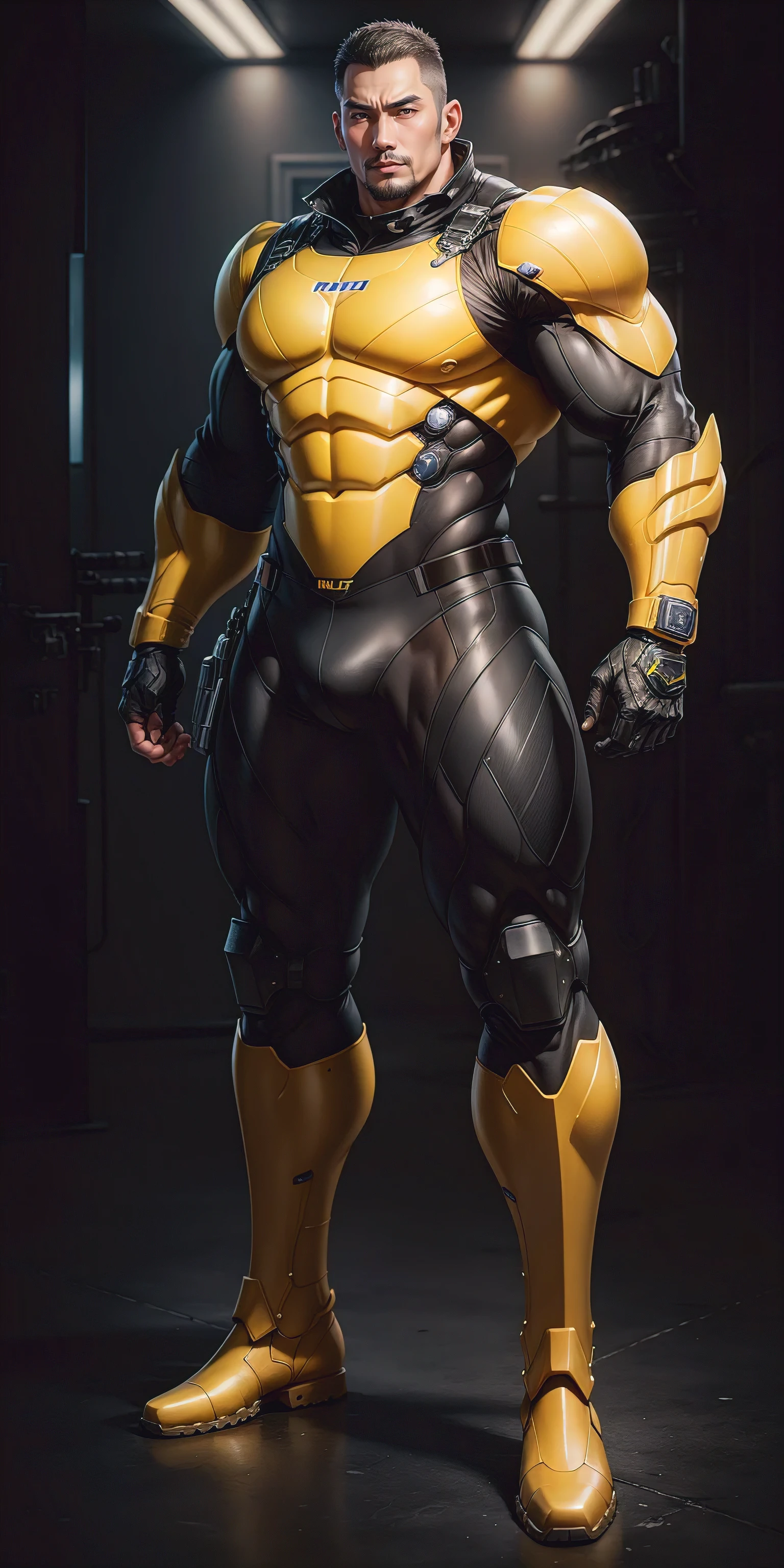 Tall giant muscular police officer, Yellow-gray honeycomb network pattern nano mecha, he'Wearing a mechanical helmet, honeycomb pattern, Lightweight texture, character concept(Resident Evil - chris redfield, chris redfield)senior police officer, small grid texture, regular symmetrical texture pattern, heroic male pose, tall burly, muscular!Charming leg muscles, High, burly, heqiang, Super gain and cool, high resolution committee, Yellow-gray ultra-thin nano mechanical boots suitable for big feet, Charming strong man, The bright sunshine is shining on you, matte particles, shiny texture