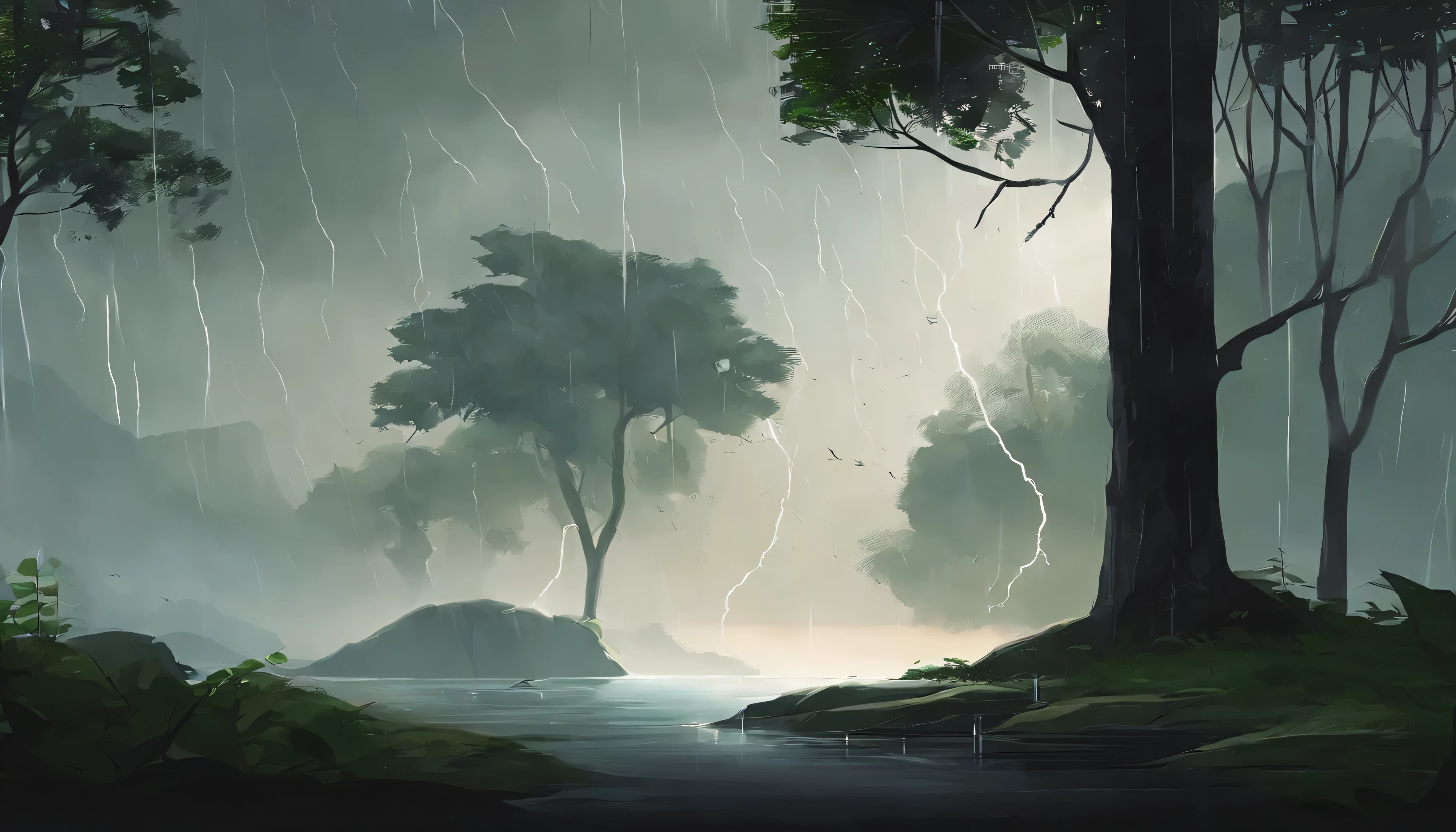 Design an image depicting an intense night storm scene over an ancient rainforest. The sky above is a canvas of chaotic beauty, with lightning bolts illuminating the dense canopy below. Each flash reveals the rich, wet leaves of towering trees and the intricate ecosystem that thrives under their shelter. The storm's fury is juxtaposed with the enduring calm of the forest, highlighting the timeless dance between nature's tempests and the tranquility of the ancient woodlands. Include the occasional glimpse of a waterfall or river, its waters surging in response to the downpour, adding to the scene's dynamic beauty