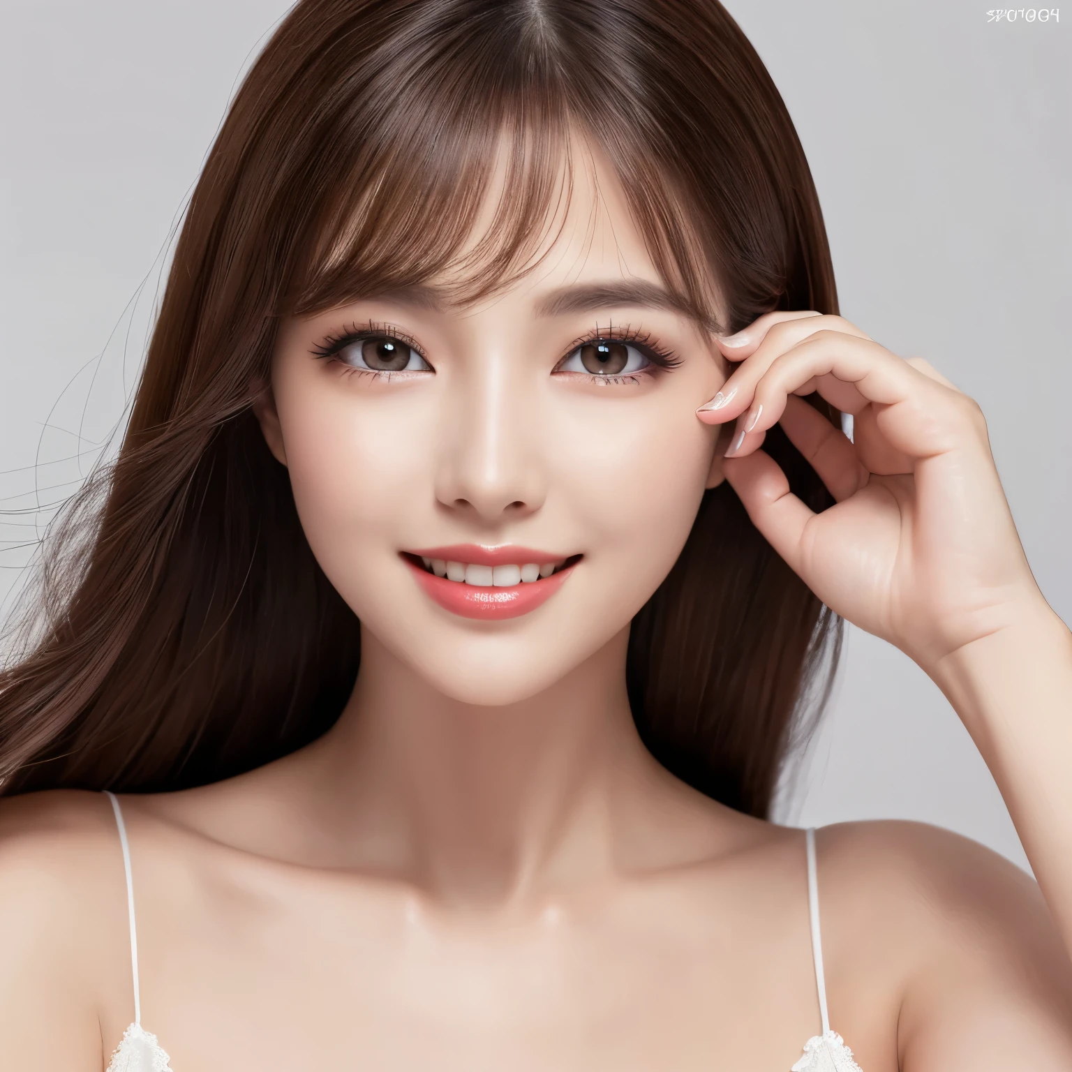 ((highest quality、8K resolution、master piece、professional photography)), one beautiful woman、upper body photo、(pure white background:1.1)、(advertising image:1.1)、classy clothes、stand gracefully、(plump and soft body、clavicle)、(the biggest smile looking at me:1.1)、Beautifully shaped big breasts、、perfect makeupアップ、dark red lipstick、perfect makeup、eye shadow、long eyelashes、(Super high resolution glossy white skin:1.1)、Beautiful teeth in super high resolution、Beautiful eyes in super high resolution、Super high resolution glossy lips