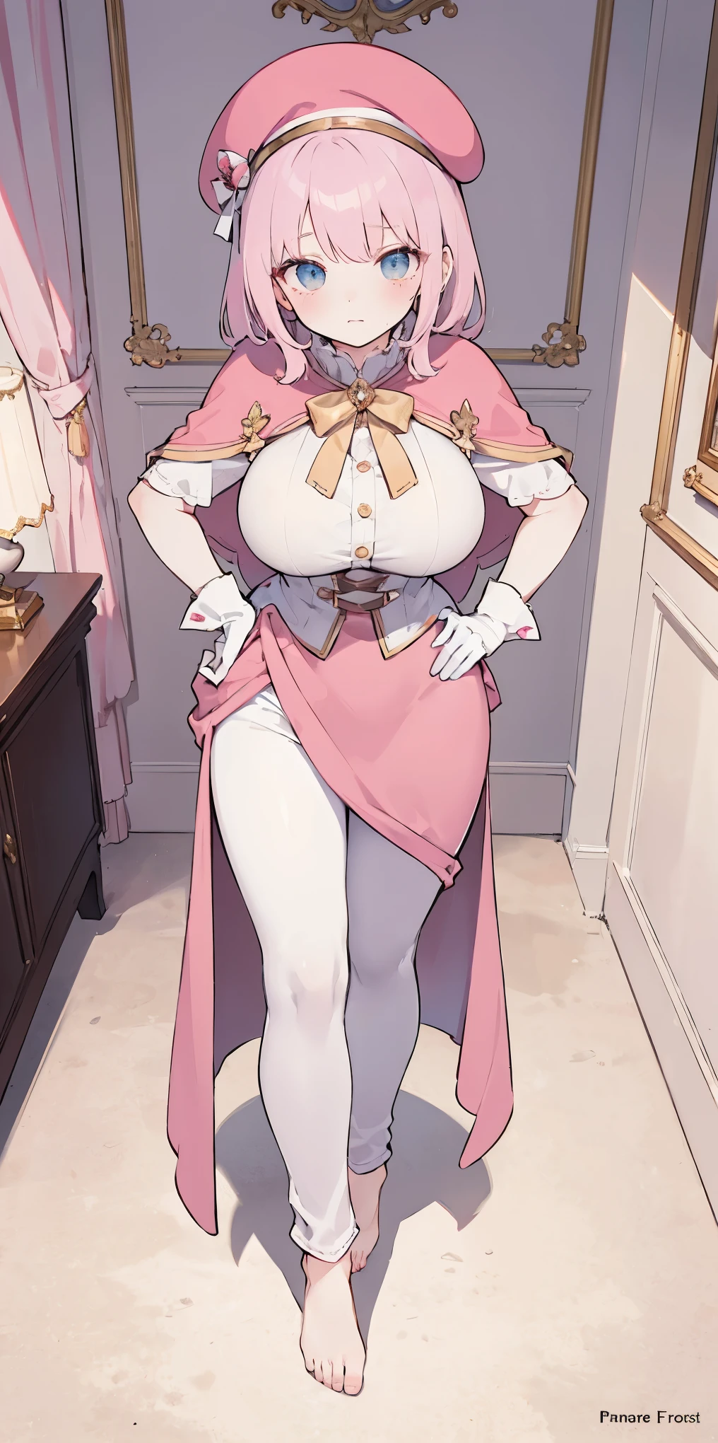 masterpiece, best quality, full body, barefoot, solo, female, big breast, feforrest, beret, pink capelet, pink tunic, white pants, brown gloves, upper body, looking at viewer, shy, from above, mansion, room, finely decorated room, pink theme, big breast but cover, hands to hip