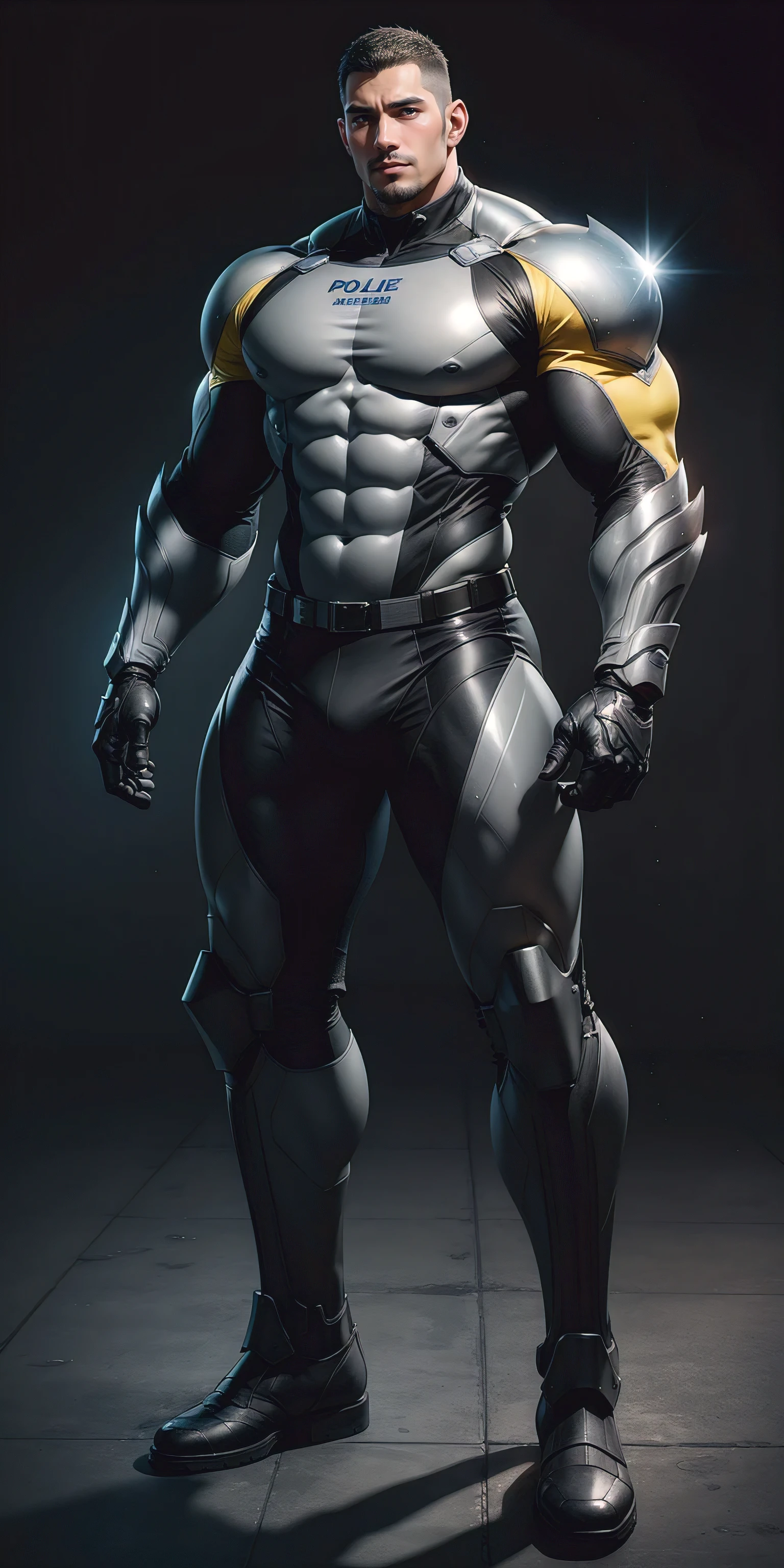Tall giant muscular police officer，Yellow-gray honeycomb network pattern nano mecha，honeycomb pattern，Lightweight texture，character concept（Resident Evil - chris redfield，chris redfield）senior police officer，small grid texture，regular symmetrical texture pattern，sad expression，Deep and charming eyes，emerald eyed hero，heroic male pose，tall burly，muscular！Charming leg muscles，High, burly, Heqiang，  Super gain and cool， high resolution committee， Yellow-gray ultra-thin nano mechanical boots suitable for big feet，Charming strong man，The bright sunshine is shining on you，matte particles，shiny texture