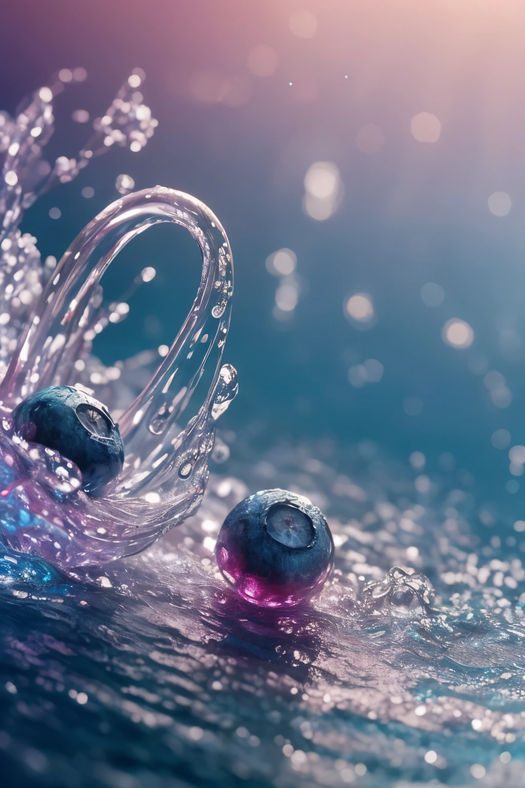 In the refreshing allure of a peaceful morning, 23 bright glowing blueberries float and move gracefully in the crystalline water. Macro photography captures the intricate details, emphasizing the dew drops clinging to their surface. Pink lighting illuminates the scene, bringing out the blueberries' vibrant hue and making them sparkle and shimmer in the water.
This captivating imagery is reminiscent of dynamic magazine advertising pictures, where products are presented in photorealistic perfection. The flowing water background contrasts with the stillness of the fruit, creating a sense of depth and dimension. Sunlight filters through the water, casting a warm glow and highlighting the blue