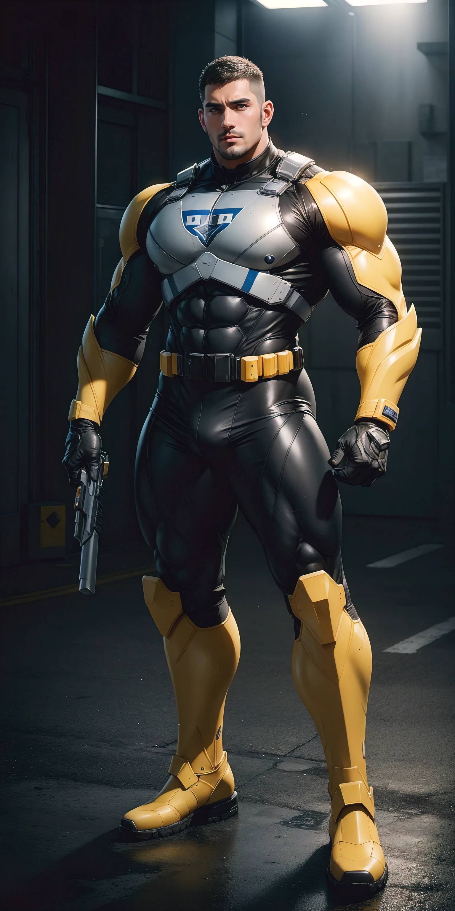 Tall giant muscular police officer，Yellow-gray honeycomb network pattern nano mecha，honeycomb pattern，Lightweight texture，character concept（Resident Evil - chris redfield，chris redfield）senior police officer，small grid texture，regular symmetrical texture pattern，sad expression，Deep and charming eyes，emerald eyed hero，heroic male pose，tall burly，muscular！Charming leg muscles，High, burly, Heqiang，  Super gain and cool， high resolution committee， Yellow-gray ultra-thin nano mechanical boots suitable for big feet，Charming strong man，The bright sunshine is shining on you，matte particles，shiny texture