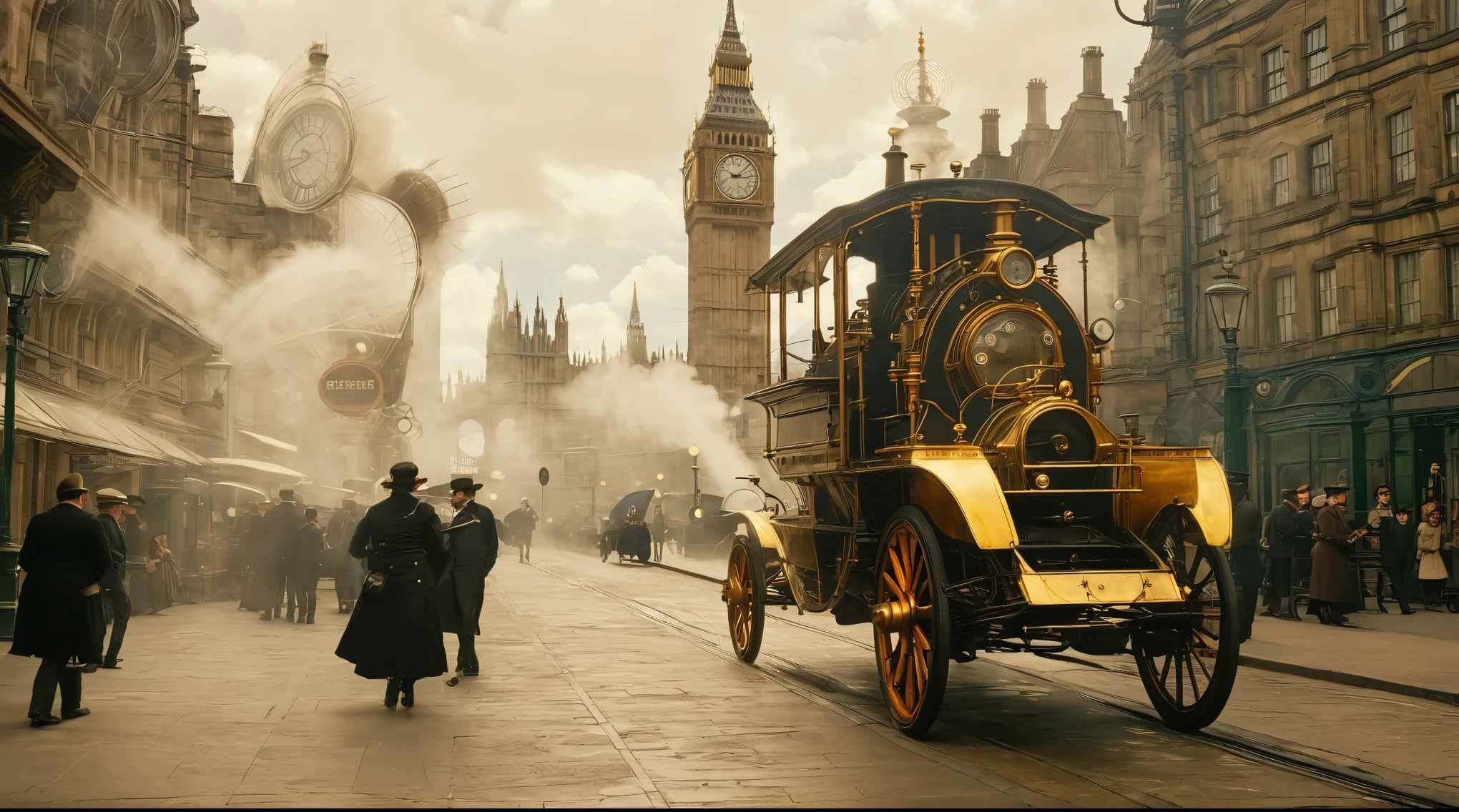 A steampunk car in 1908 the weather is sunny in the little station streets and old steampunk buildings around with the Big Ben Tower in the background