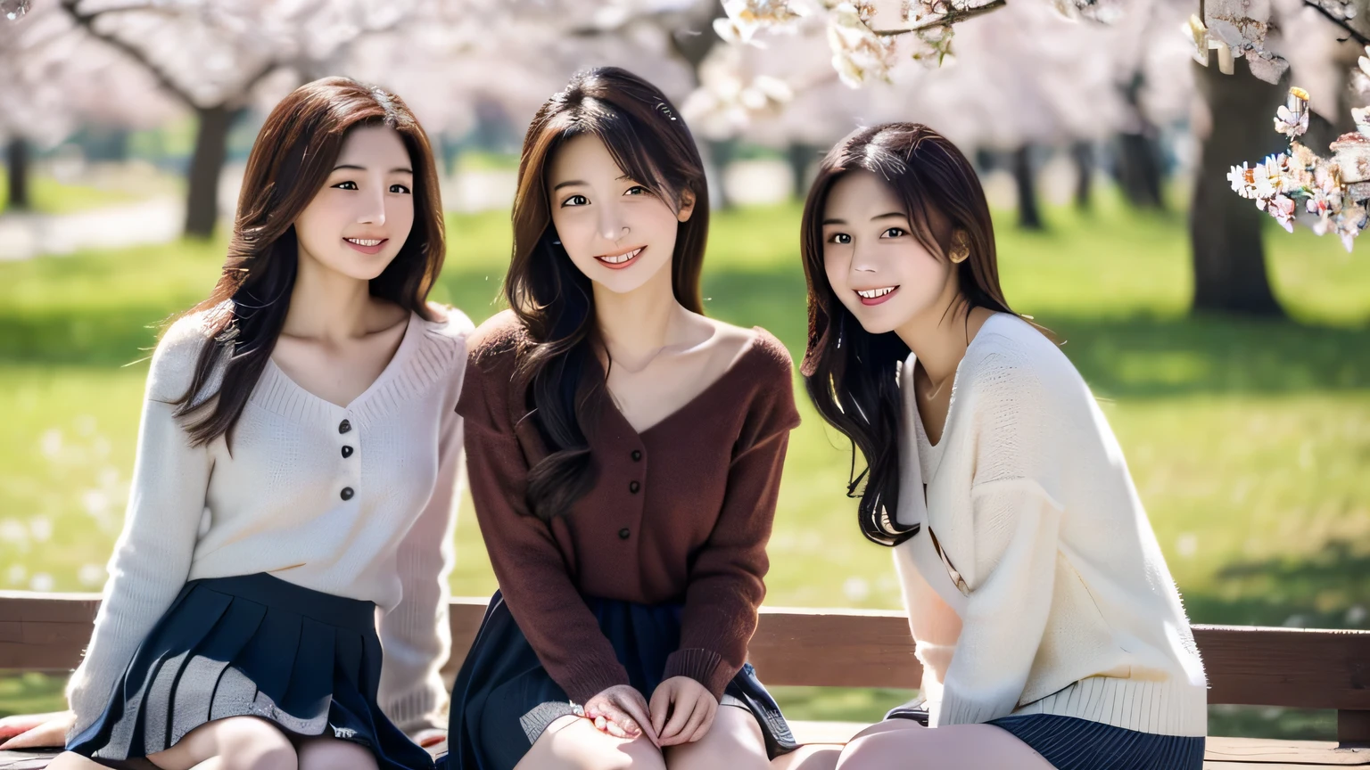 masterpiece, highest quality, Photoreal, Super detailed, finely, High resolution, 8k wallpaper, Professional, Advanced level of detail, Three female college students enjoying cherry blossom viewing in the park, Slender Japan woman, ((facing the front)), detailed clavicle, Medium chest、perfect face, medium long hair, knit sweater、mini skirt、gentle smile
