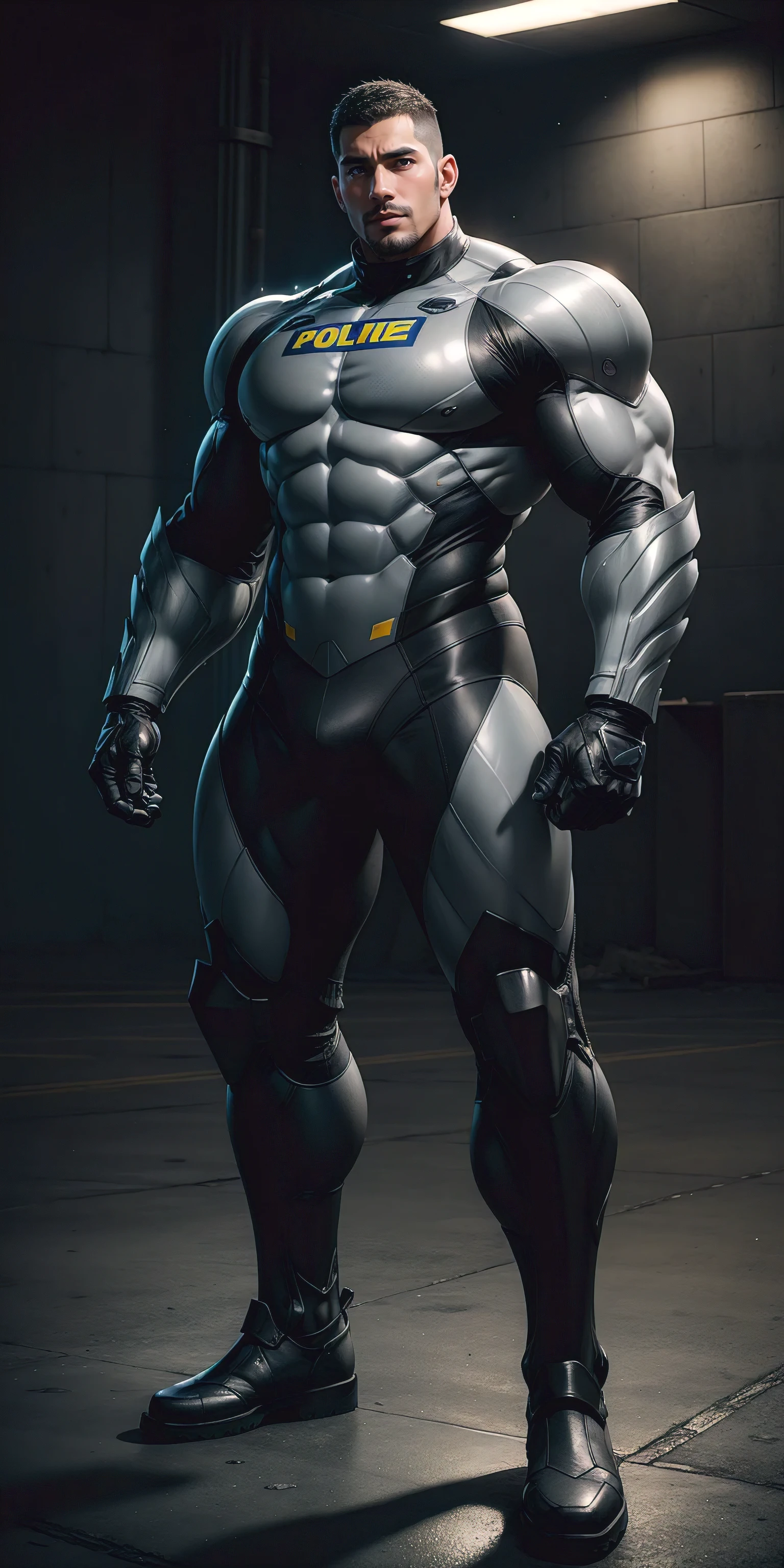 Tall giant muscular police officer,Yellow-gray honeycomb network pattern nano mecha,honeycomb pattern,Lightweight texture,character concept(Resident Evil - chris redfield,chris redfield)senior police officer,small grid texture,regular symmetrical texture pattern,sad expression,Deep and charming eyes,emerald eyed hero,heroic male pose,tall burly,muscular!Charming leg muscles,High, burly, Heqiang, Super gain and cool, high resolution committee, Yellow-gray ultra-thin nano mechanical boots suitable for big feet,Charming strong man,The bright sunshine is shining on you,matte particles,shiny texture