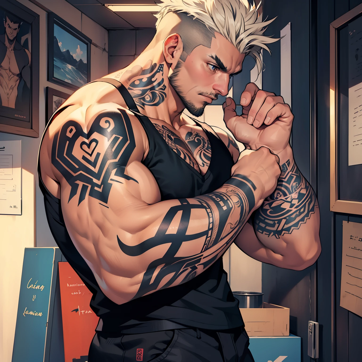 Dark boy, fit , tatoo style manga, determined, 