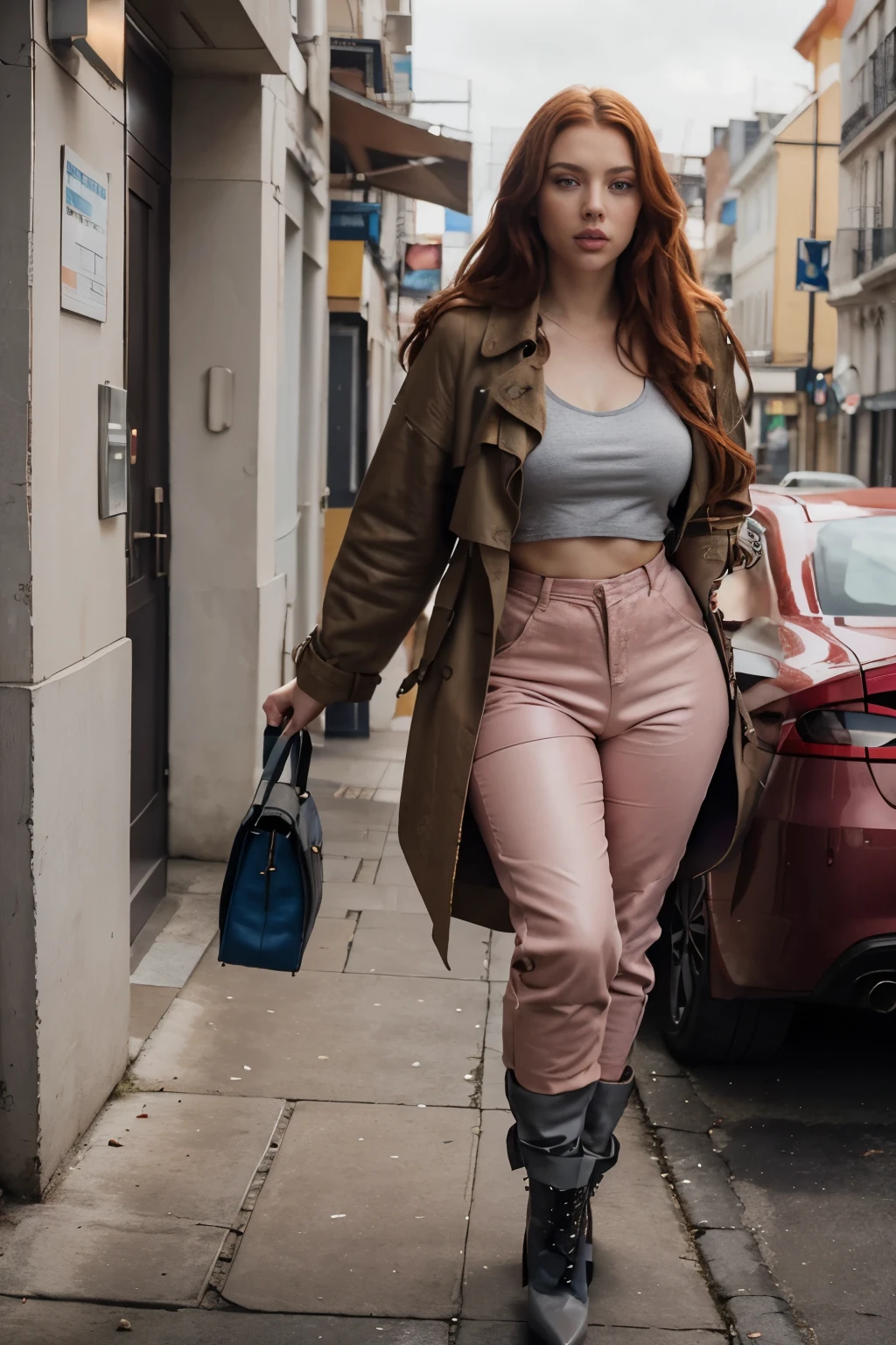 Woman with wavy red hair and blue eyes, full lips, face like Scarlett Johansson, without clothes, showing a fat and huge butt, she opens her thighs completely to the viewer, (deconstructed trench coat in vibrant pastel tones with asymmetrical cuts and a patchwork of suede and leather materials:1.1), (soft-colored straight pants and a gray T-shirt, leather high heels:1.2), shirt inside the trench coat
