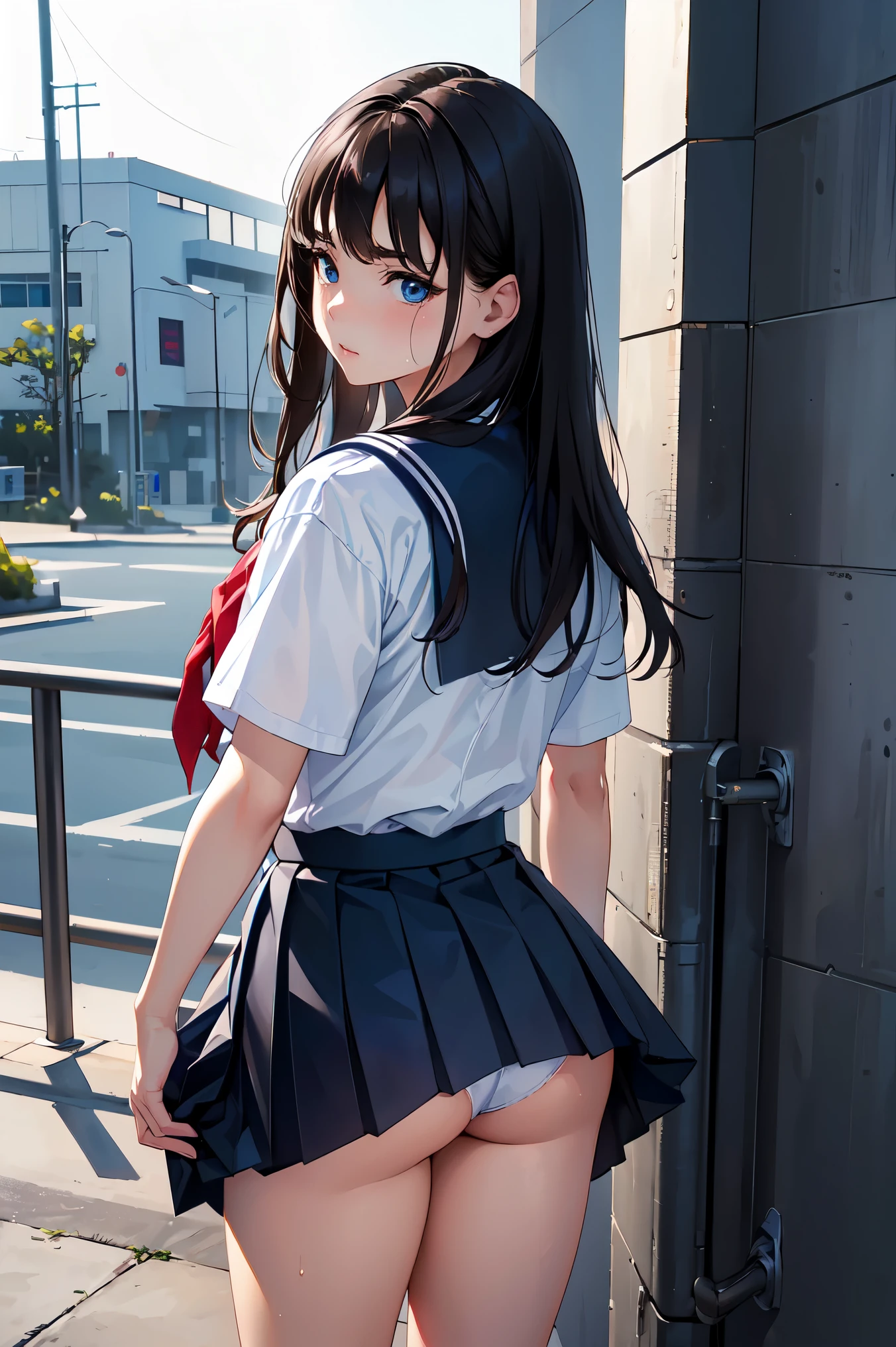 ((In 8K)), ((Raw photo)), ((best quality)), High resolution raw color photos, professional photos, (realistic:1.37), (photo-realistic:1.37), ((best quality)), 18-year-old女性, (detailed face:1.2), (best quality:1.2), Retrospective Shots、From the back, Low - Angle, from behind, cinematic lighting, perfect style, beautiful face, Accurate, anatomically correct, Highly detailed face and skin texture,
(skirt lift:1.4), loose and wrinkled white panties, exposed cleavage、leaked sperm、collected sperm、cum shot、
blush、humiliating、impatience、disappointed、It was scary、glare、is crying、embarrassing、stockings、18-year-old、A neat and clean woman、1 person、
(High school girl uniform details:1.5),full of sweat、long brownish black hair、blue eyes、narrow toilet、