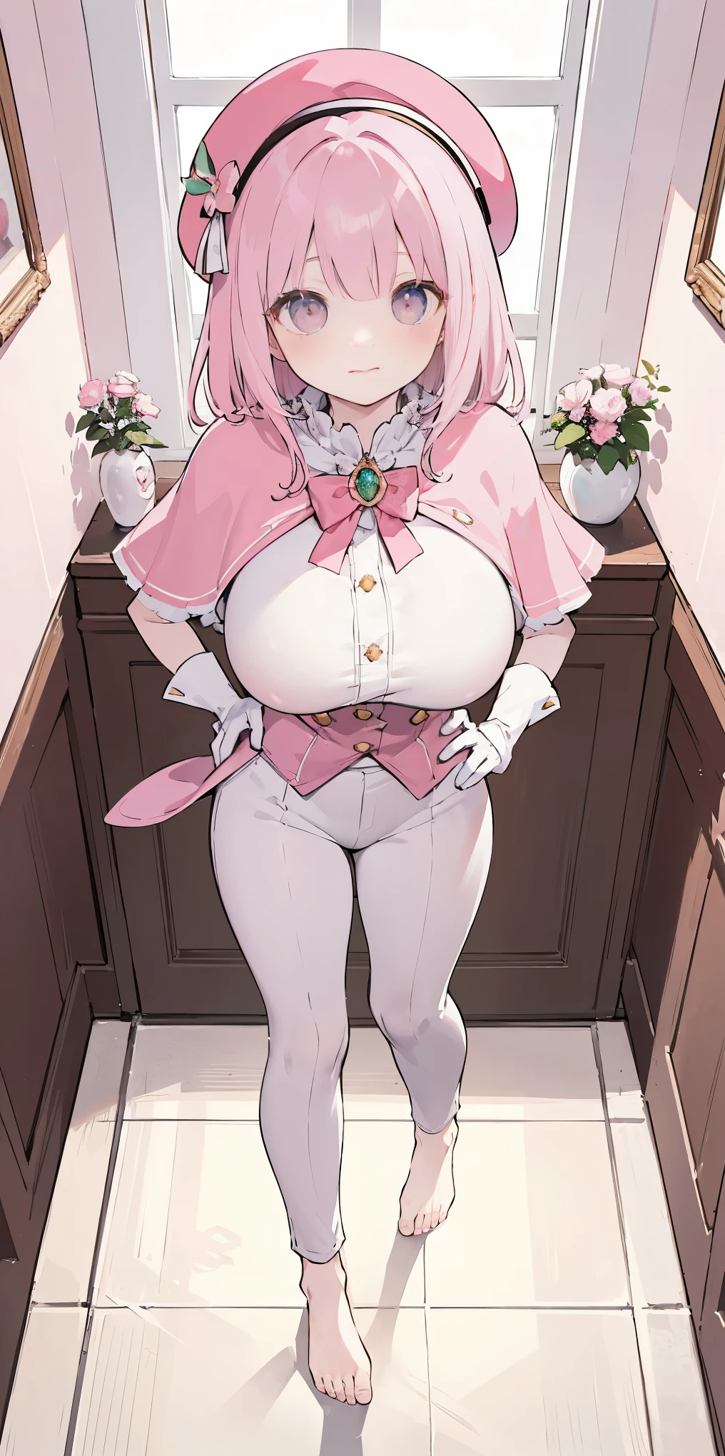 masterpiece, best quality, full body, barefoot, solo, female, big breast, feforrest, beret, pink capelet, pink tunic, white pants, brown gloves, upper body, looking at viewer, shy, from above, mansion, room, finely decorated room, pink theme, big breast but cover, hands to hip
