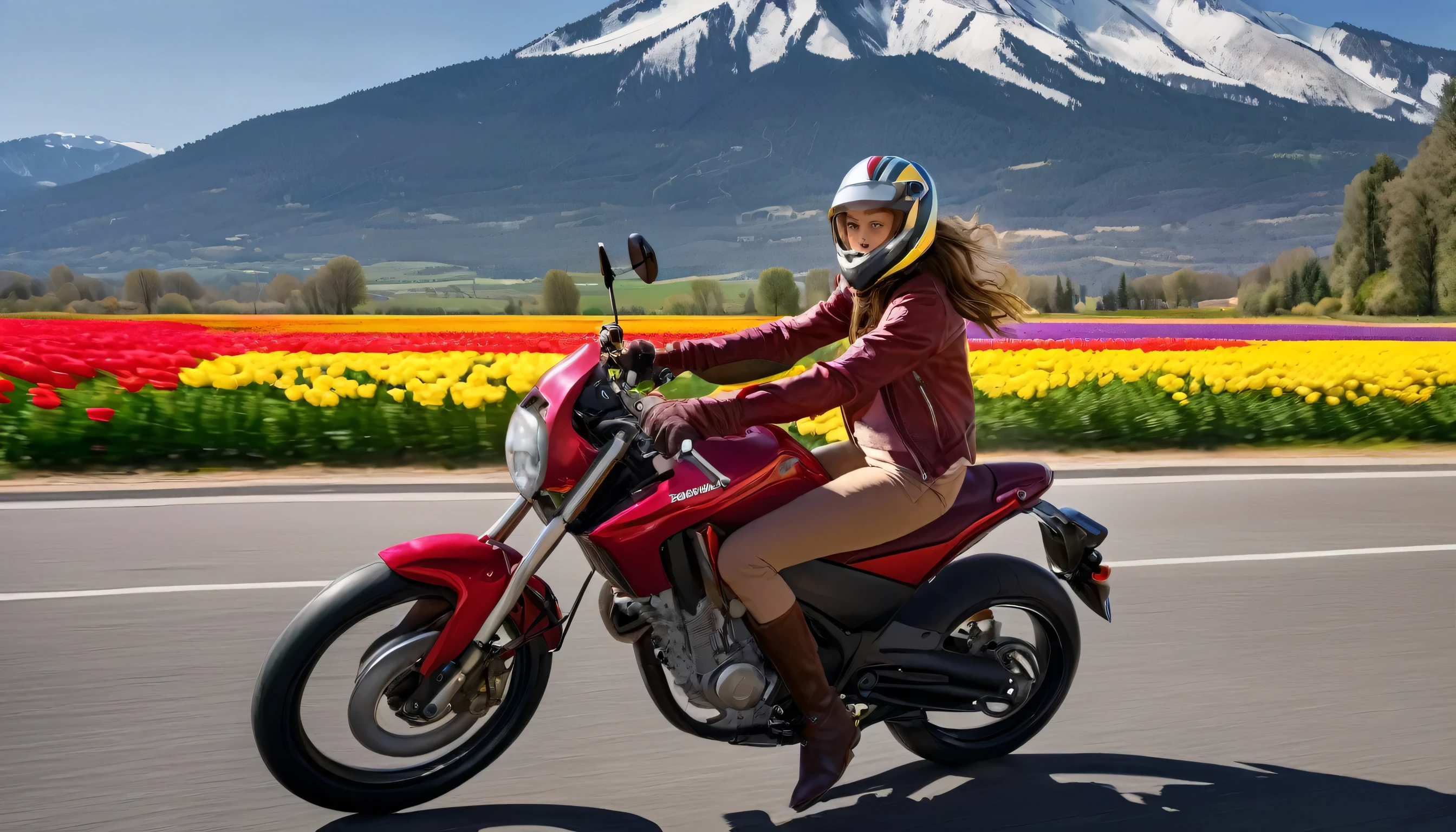 Super realistic photo of a fourteen year old girl with long brown hair wearing a red leather jacket and an open helmet, racing at speed on a Honda motorcycle along a wide highway among a lavender field with trees and red and yellow tulips, Ice mountains are visible in the background, Foreground, Foreground, a little lower, Feeling of speed, point of view.