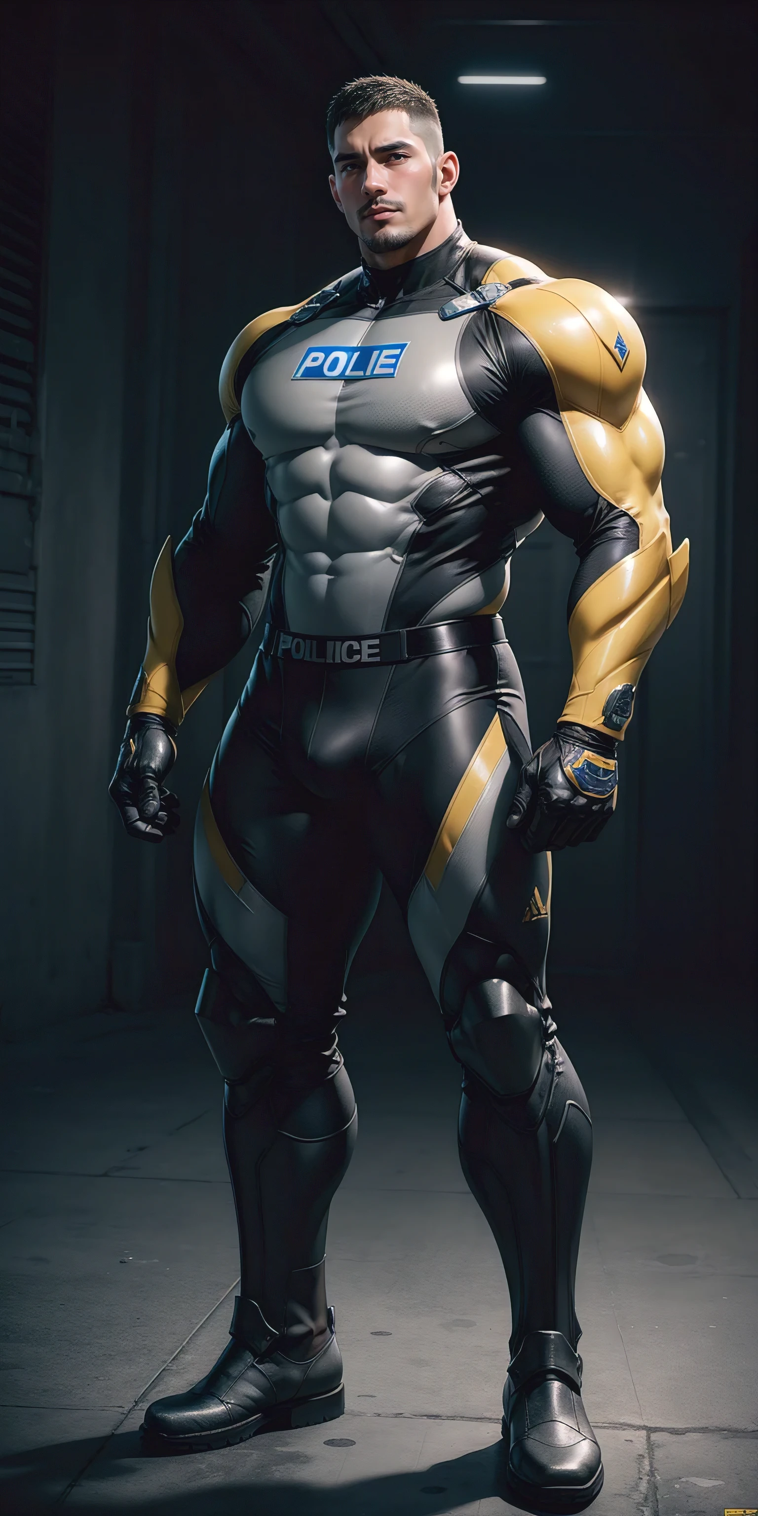 Tall giant muscular police officer，Yellow-gray honeycomb network pattern nano mecha，honeycomb pattern，Lightweight texture，character concept（Resident Evil - chris redfield，chris redfield）senior police officer，small grid texture，regular symmetrical texture pattern，sad expression，Deep and charming eyes，emerald eyed hero，heroic male pose，tall burly，muscular！Charming leg muscles，High, burly, Heqiang，  Super gain and cool， high resolution committee， Yellow-gray ultra-thin nano mechanical boots suitable for big feet，Charming strong man，The bright sunshine is shining on you，matte particles，shiny texture