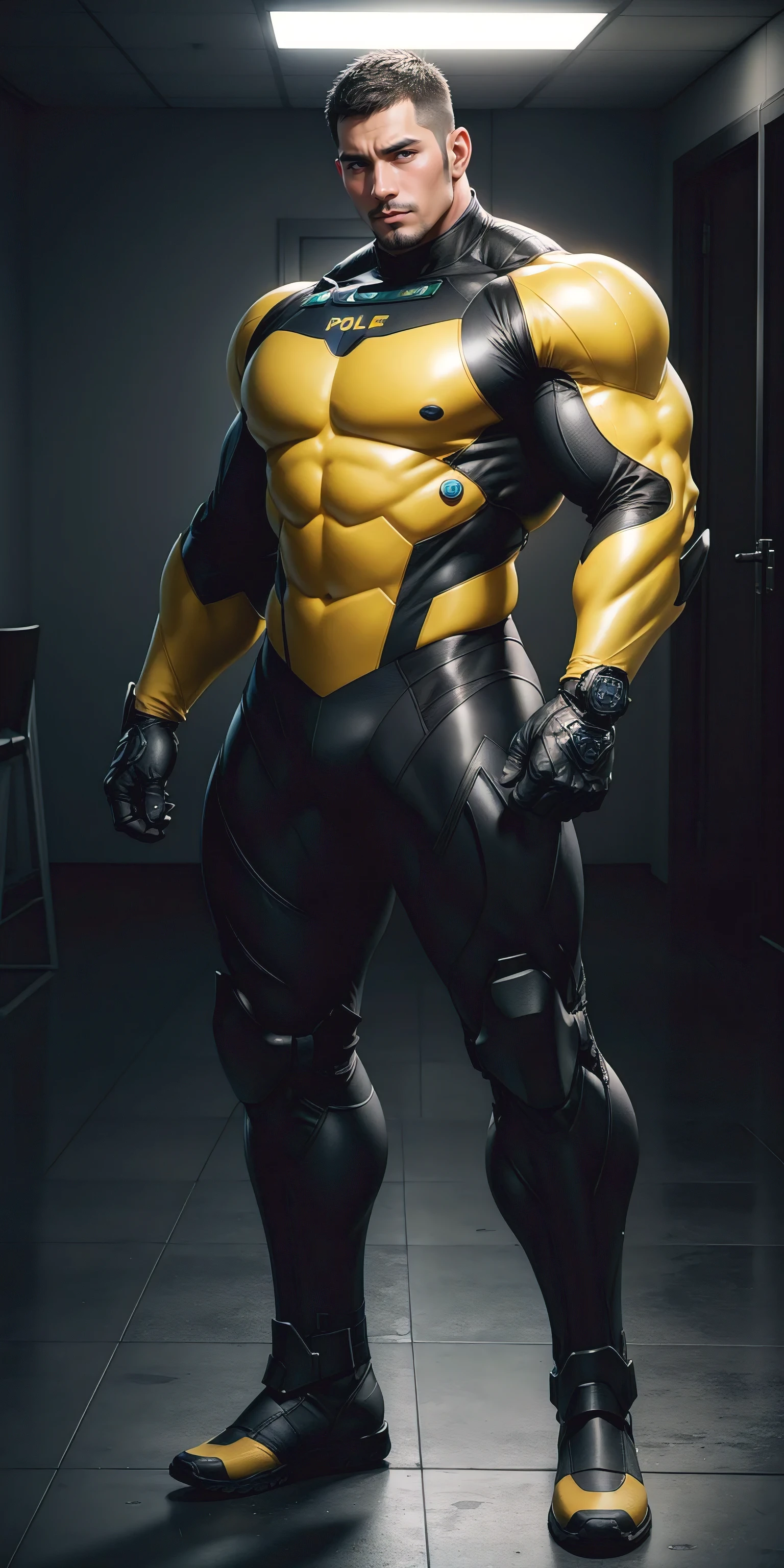 Tall giant muscular police officer,Yellow-gray honeycomb network pattern nano mecha,honeycomb pattern,Lightweight texture,character concept(Resident Evil - chris redfield,chris redfield)senior police officer,small grid texture,regular symmetrical texture pattern,sad expression,Deep and charming eyes,emerald eyed hero,heroic male pose,tall burly,muscular!Charming leg muscles,High, burly, Heqiang, Super gain and cool, high resolution committee, Yellow-gray ultra-thin nano mechanical boots suitable for big feet,Charming strong man,The bright sunshine is shining on you,matte particles,shiny texture