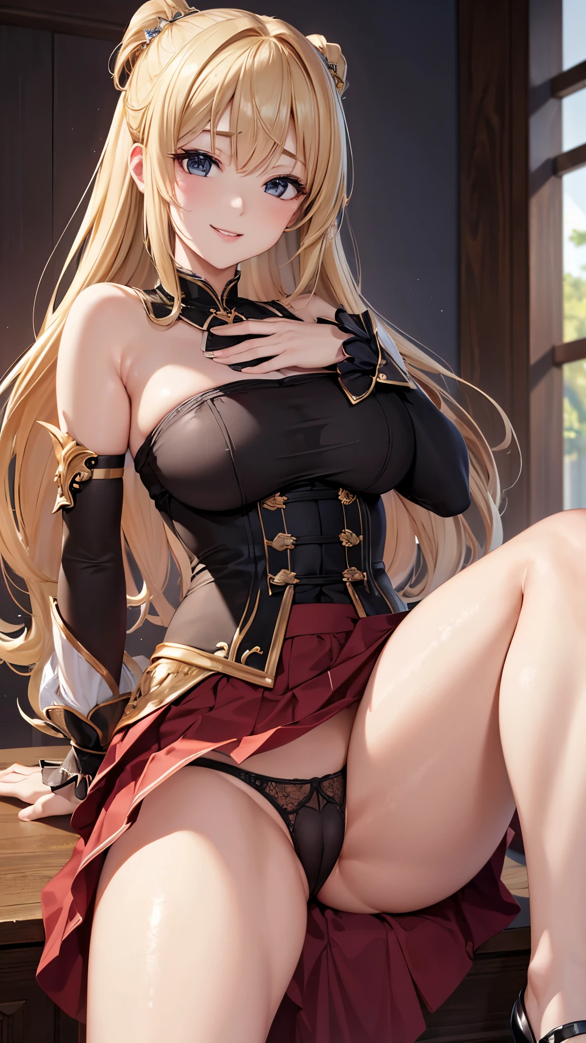 ((highest quality、High resolution、Highly detailed CG Unity 8K wallpaper))、detailed face、perfect body、unparalleled beauty、blonde、beautiful breasts、open your legs、Embarrassing erotic smile、skirt、((she shows panties))