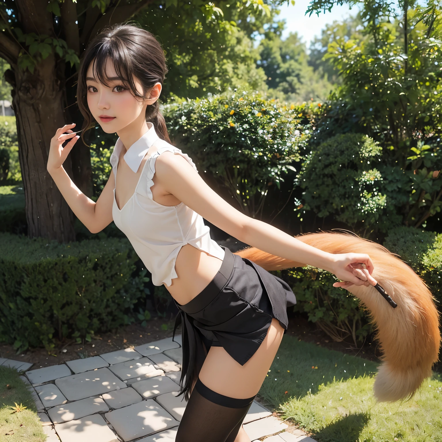 Girl with a furry tail ,赤狐のようなtail, tail, collared shirt,table top, 最high quality, figure, Ultra-detailed, finedetail, High resolution, 8k wallpaper, 完璧なダイナミックな構figure, Beautiful detailed eyes,Full body shot,Show me your whole body、thin and transparent、long hair, ,smile,Harajuku、20 year old girl、eyeliner、beautiful bangs、hair between eyes、最high quality、ultra-detailliert、film light、tail、High resolution、ighly detailed))、detailed background、8KUHD、Digital single-lens reflex camera、soft light、high quality、film grain、Fujifilm XT3 、shallow depth of field、natural soft light、Kamimei、I looked at my knees., sexy shot looking at camera、on the leg、Full body shot facing the camera、Turn around and touch the tail that grows from your butt.、(The tail is pushing up the miniskirt:1.9)、(small breasts:1.9), (Thick and bushy red fox tail:1.9)、(A tail extends from the coccyx:1.9)、(Stick your butt out towards the camera and show off the tail that grows out of your butt.:1.9)