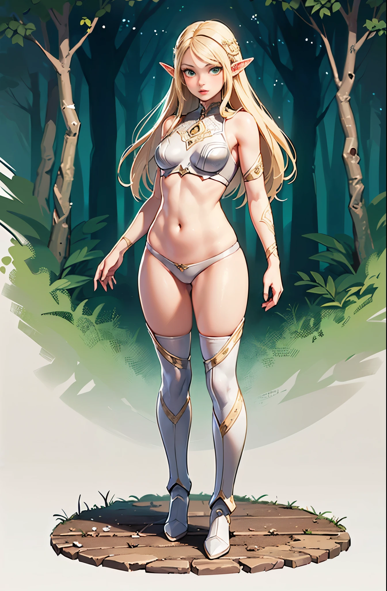 (masterpiece, best quality), (full body:1.6), standing (small fighting elven 1girl:1.6),(magical),(cute,adorable:1.3),blonde hair, green eyes, medium breast, beautiful, detailed, enchanted breastplate with precious gemstones, white thigh-high greaves, seductive pose, in a forest, magic flora, detailed face and eyes, volumetric light,(ultra quality skin:1.7)