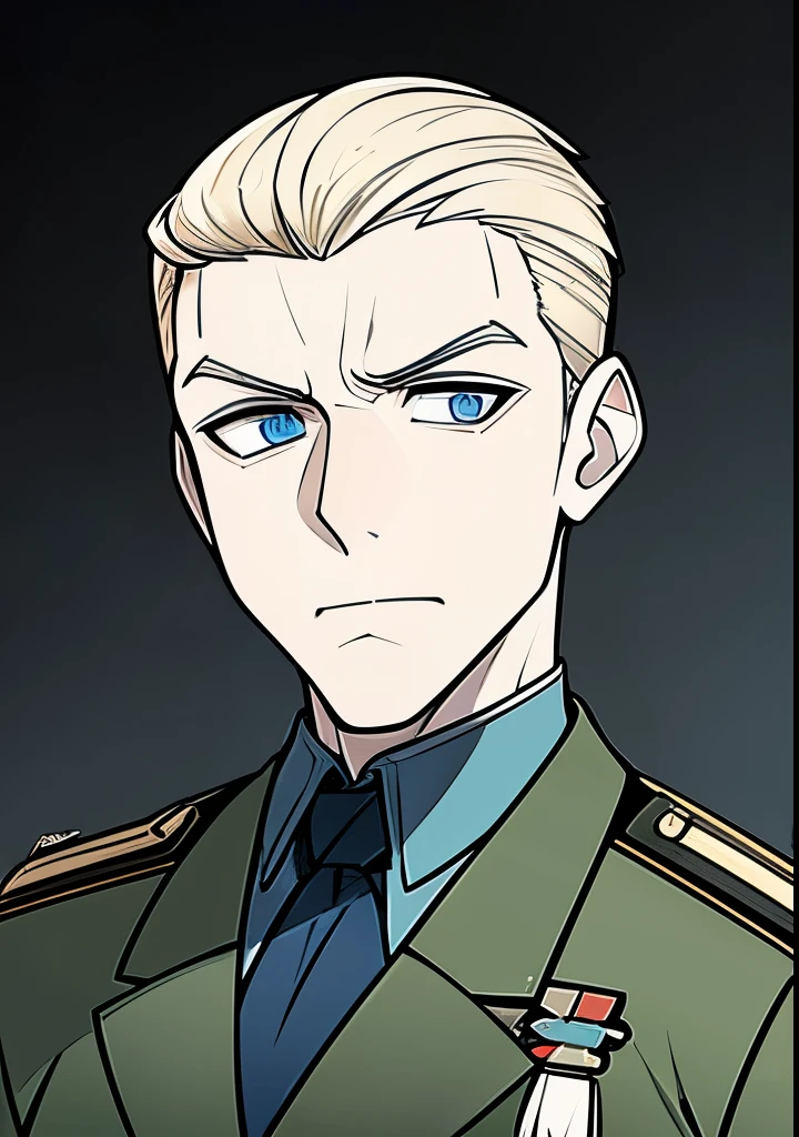 Young Adult male, white and tender skin, pale blonde slicked back combed short hair, kaisermustache, ducktail beard, steel blue eyes, green and slightly mature, serious and emotionless facial expression,wearing world war 2 era german fatigues, portrait style, facing forwards