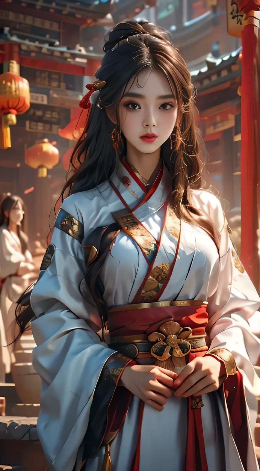 Photorealistic, High resolution, 1 woman, hips up high, Beautiful eyes, Long hair, Ringed Eyes, Jewelry, The tattoo, Hanfu, chinese fairy, Taoist uniform