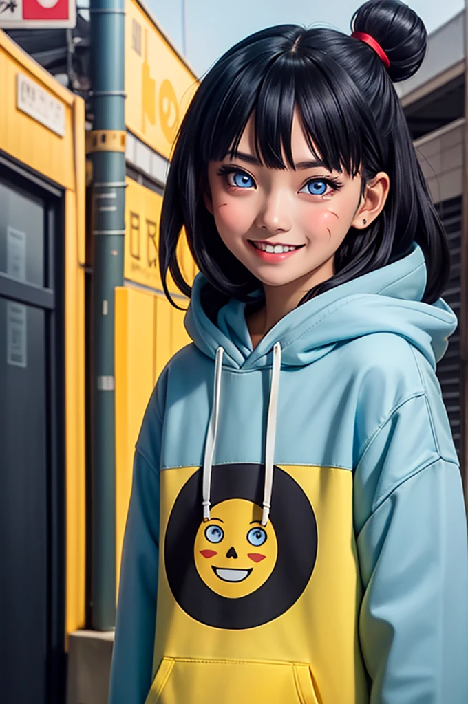 masterpiece, ultra-detailed, 1girl, female focus, upper body shot, Uzumaki BorutoHimari wearing yellow Streetwear Hoodie, black hair, Blue eyes, look at viewer, happy face, vibrant colors, cityscape background, dinamic lighting, highly detailed face, stylish, urban style, cool attitude, bokeh, blurry background,