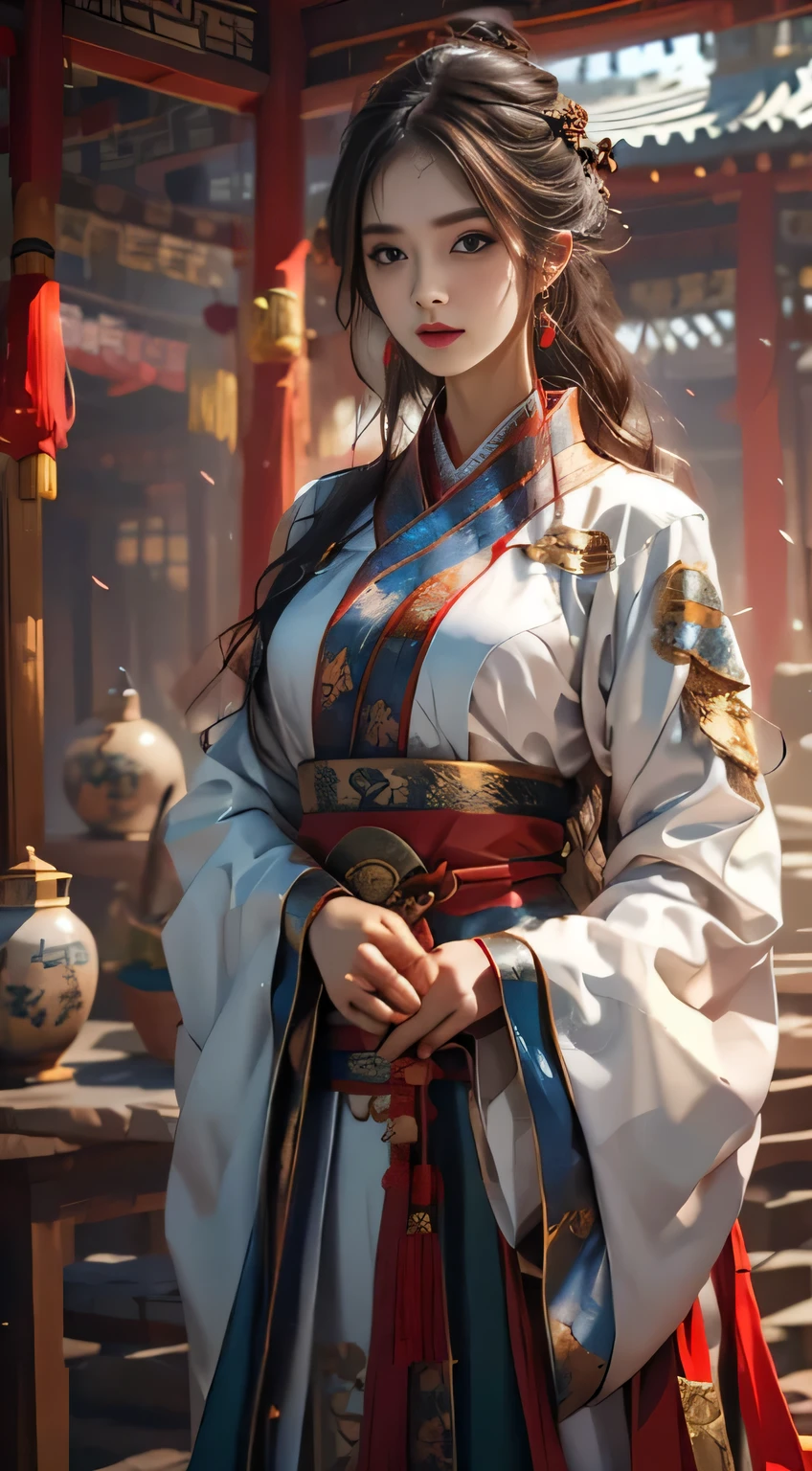 Photorealistic, High resolution, 1 woman, hips up high, Beautiful eyes, Long hair, Ringed Eyes, Jewelry, The tattoo, Hanfu, chinese fairy, Taoist uniform