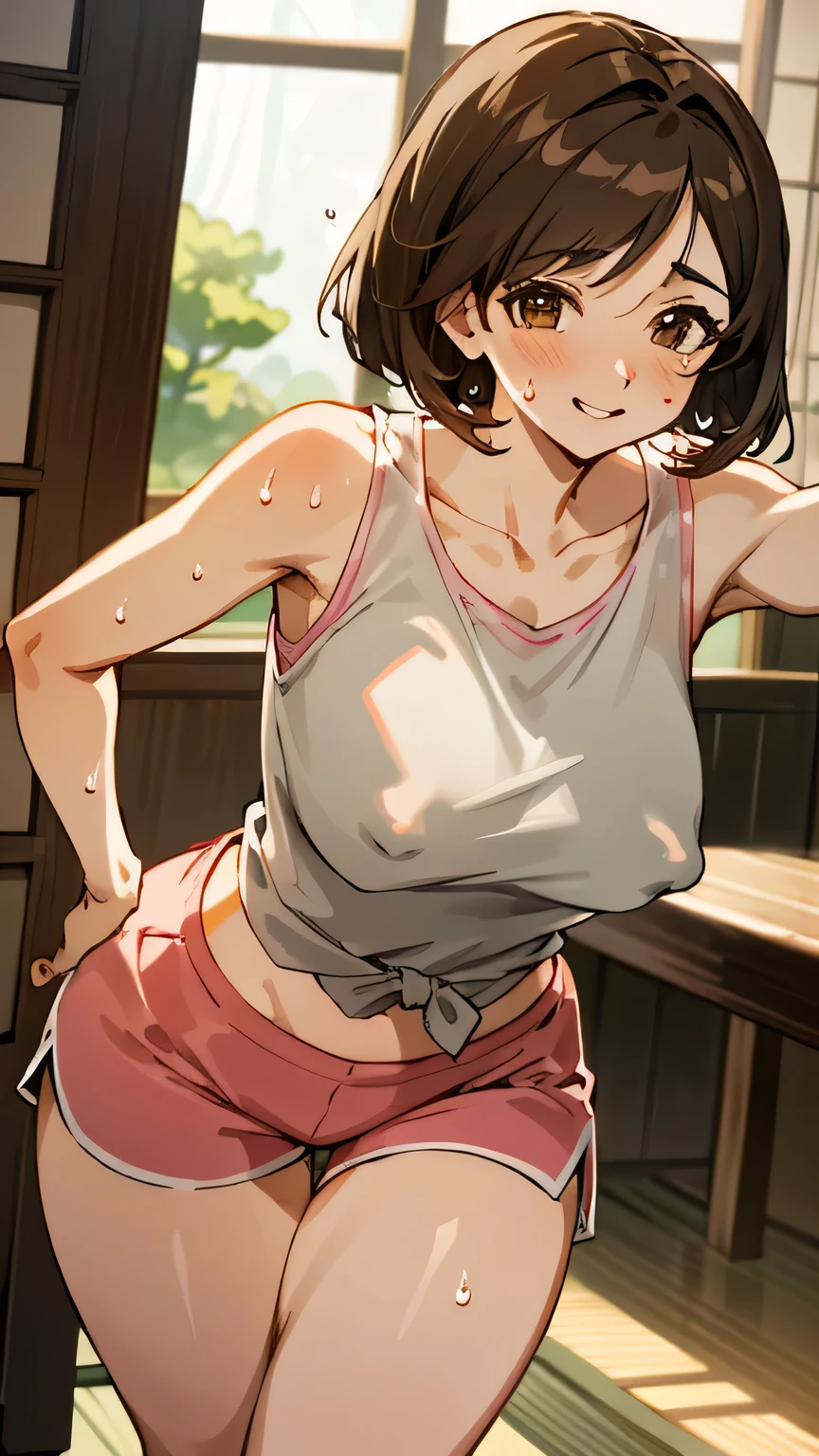 (Best quality, highly detailed, dynamic lighting) Brown haired MILF, gorgeous, mature, beautiful, bob hair, brown eyes, voluptuous, wide hips, medium breasts, smiling, thin white tank top, see through, perky brown nipples, pink shorts, sweating, summer traditional japanese house