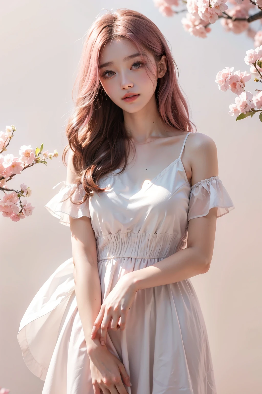 A adorable cute  girl standing, wearing ethereal dress, pale skin, smooth pale skin, skin tune pink, cute face, white hair, ponytail hair, super detailed, 8k