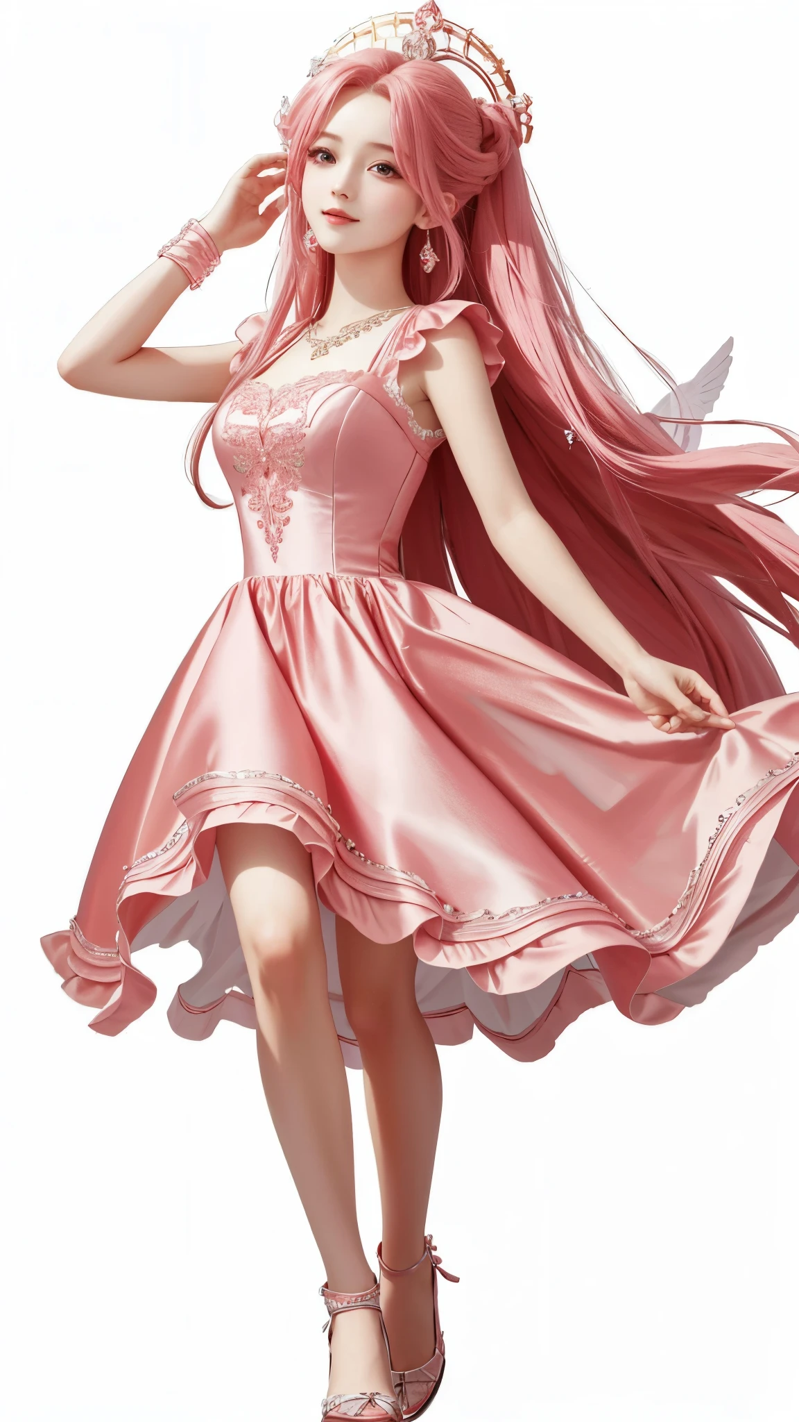 ultra hd, 8K quality, girl, Happy, very long hair, fine eyes, pretty dress, pink dress, attractive pose, Full body capture,