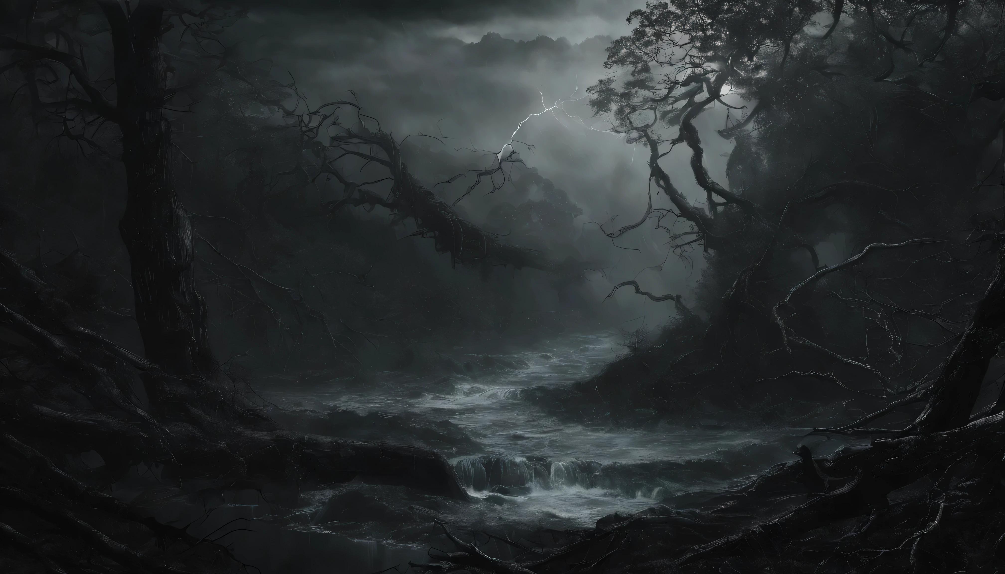 Design an image depicting an intense night storm scene over an ancient rainforest. The sky above is a canvas of chaotic beauty, with lightning bolts illuminating the dense canopy below. Each flash reveals the rich, wet leaves of towering trees and the intricate ecosystem that thrives under their shelter. The storm's fury is juxtaposed with the enduring calm of the forest, highlighting the timeless dance between nature's tempests and the tranquility of the ancient woodlands. Include the occasional glimpse of a waterfall or river, its waters surging in response to the downpour, adding to the scene's dynamic beauty