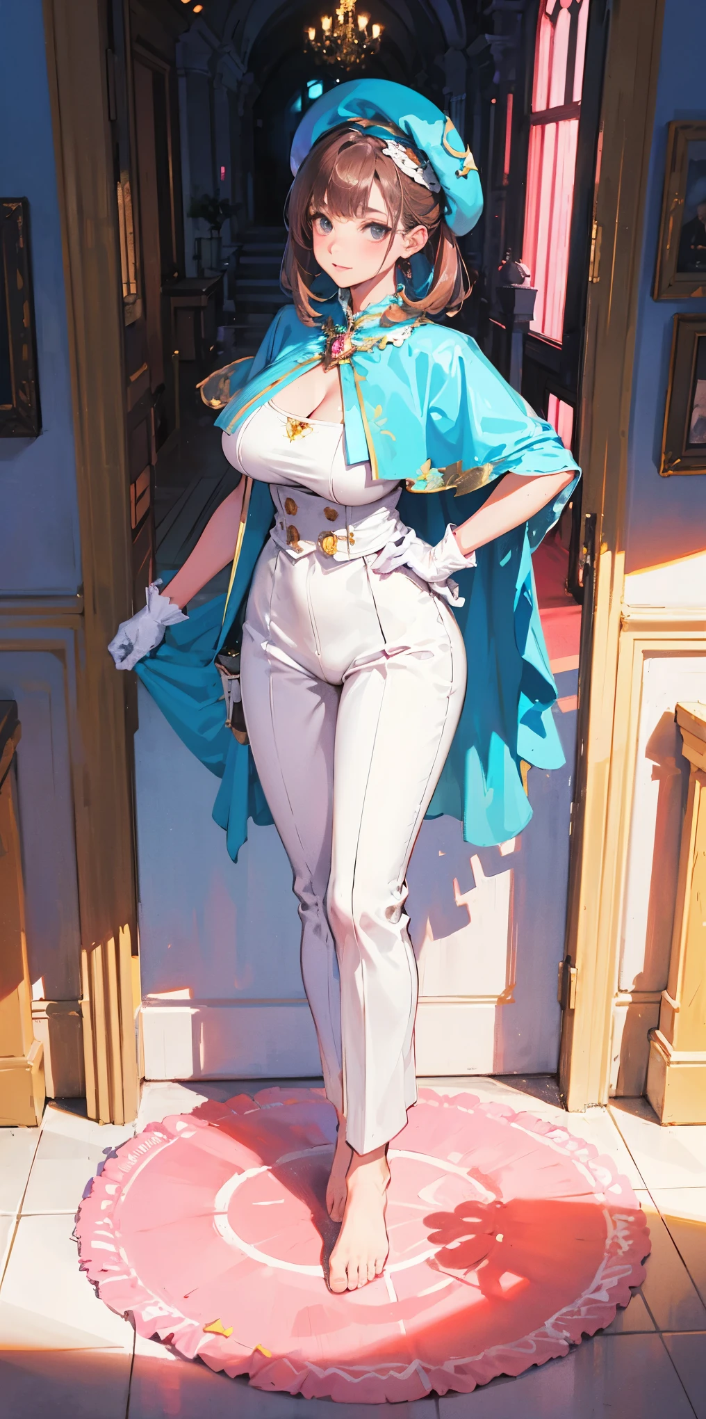 masterpiece, best quality, full body, barefoot, solo, female, big breast, feforrest, beret, pink capelet, pink tunic, white pants, brown gloves, upper body, looking at viewer, shy, from above, mansion, room, finely decorated room, pink theme, big breast but cover, hands to hip