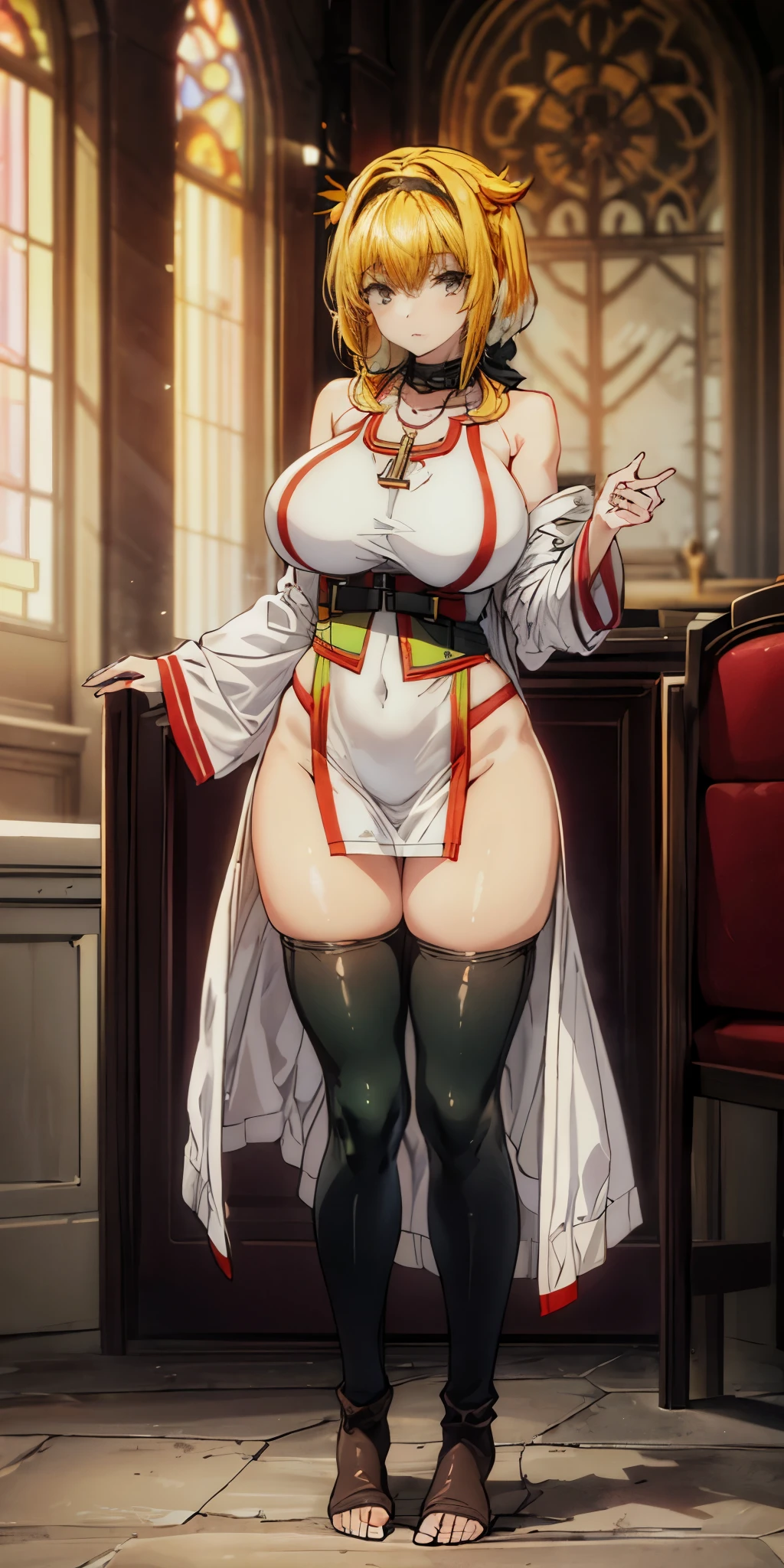 (Masterpiece, best quality), (highres, ultra-detailed), ( perfect ), outdoors, 1girl, solo, dress, sela, , tan, necklace, white sleeves, thighhighs, muscular, thighs, full body, priestess, church, religous, pants, coat, pullover, boots, body suit, bigdress, big robe,black body suit, HIGH BOOTS, feet together, toe to head