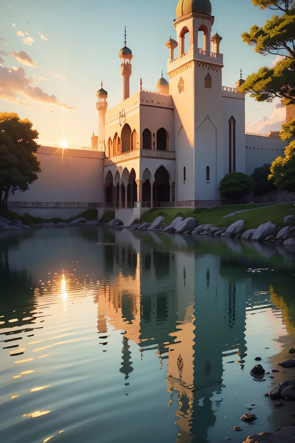 /imagine prompt: A vivid and intricately detailed painting of a serene mosque nestled by the tranquil ocean. The ultrahd CG art is brought to life by the extra bright, high contrast color palette, creating a midday scene that seems to leap off the canvas. The reflection of the sun's golden rays on the calm water adds depth, while the studio Ghibli-inspired brushstrokes and textures breathe life into this enchanting scene.