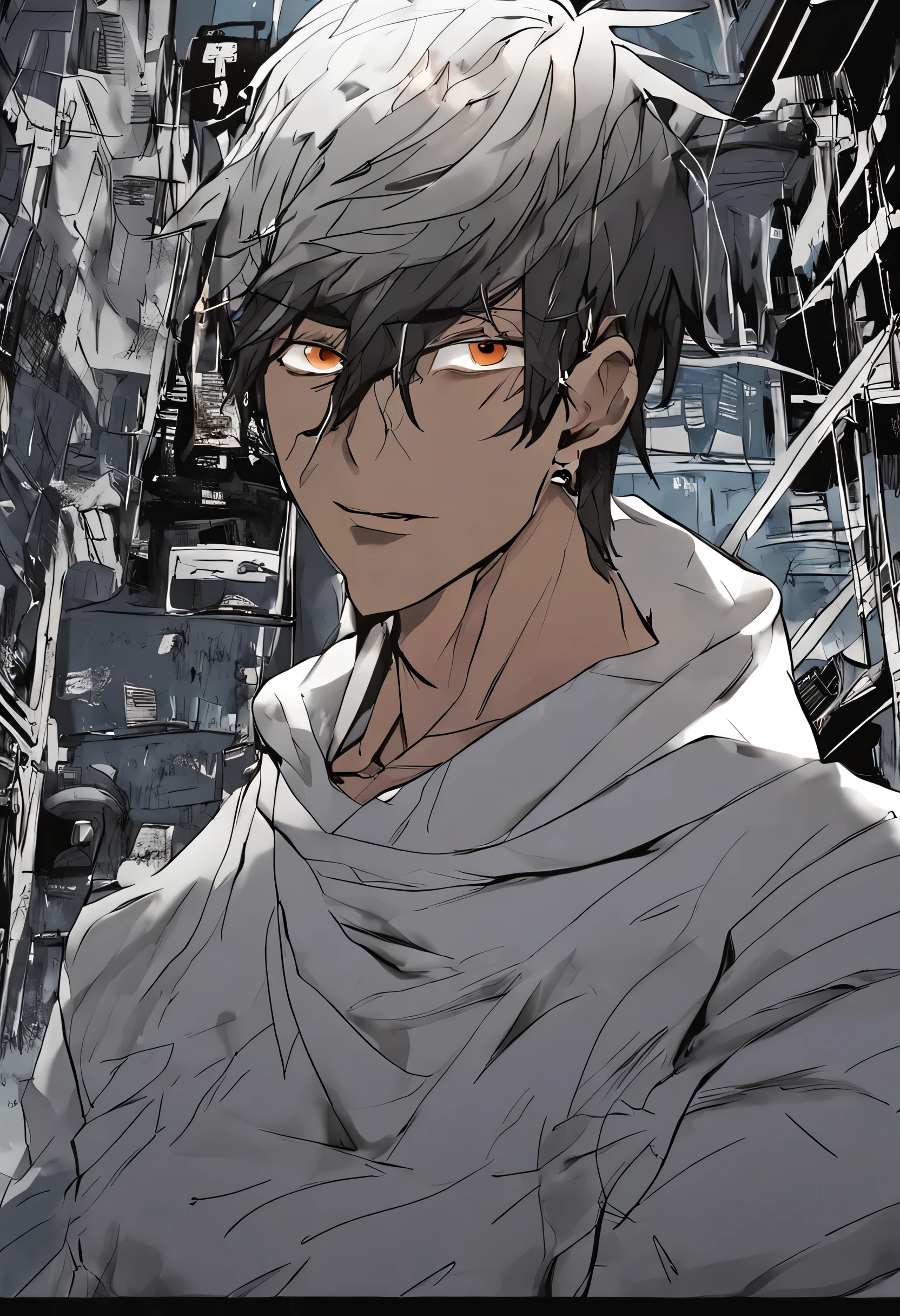 cabelo branco, olho laranja, Humano, masculino, sobretudo preto, anime, pele escura