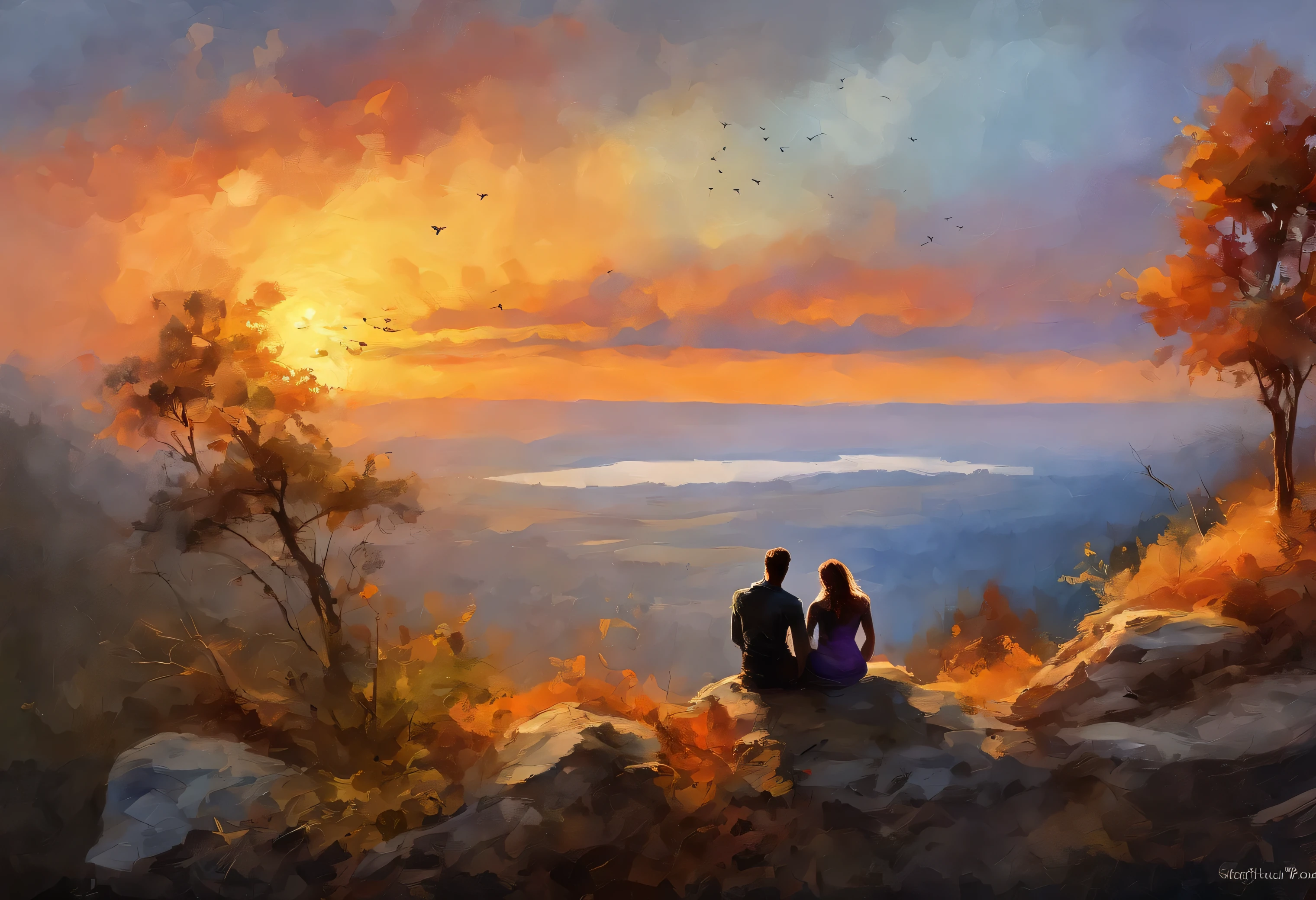 silhouette of a lovely couple sitting on the edge of a cliff watching the sunset artwork painting and spray paint effect, by Eugeniusz Zak, watercolor art, by Károly Lotz, watercolor painting, watercolor painting style, watercolor detailed art, by Reuben Tam, watercolor digital painting, watercolor paint, masterfully detailed watercolor, watercolor art, Grzegorz Rutkowski