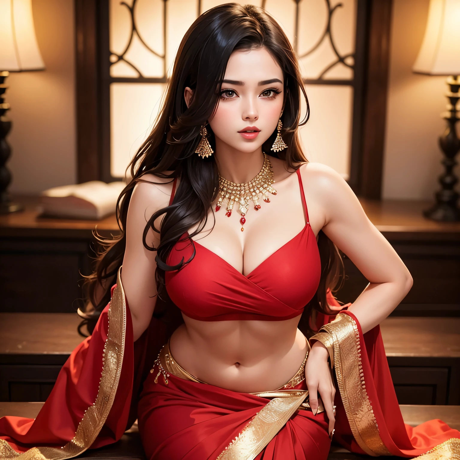 Sexy woman dazzles in a stunning red saree