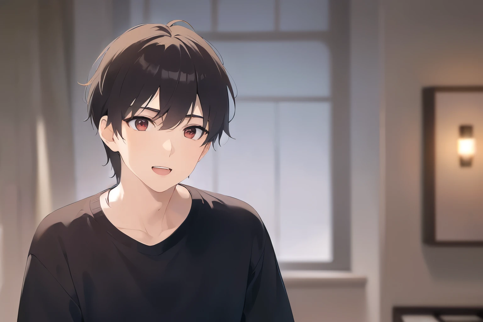 masterpiece、highest quality、(25 year old male:1.5) and (brown short hair) and (red eyes), Wearing a plain black T-shirt、smile, open mouth, The background is the living room at night、illumination、(Alone:1.5)、Upper body is shown、Are standing