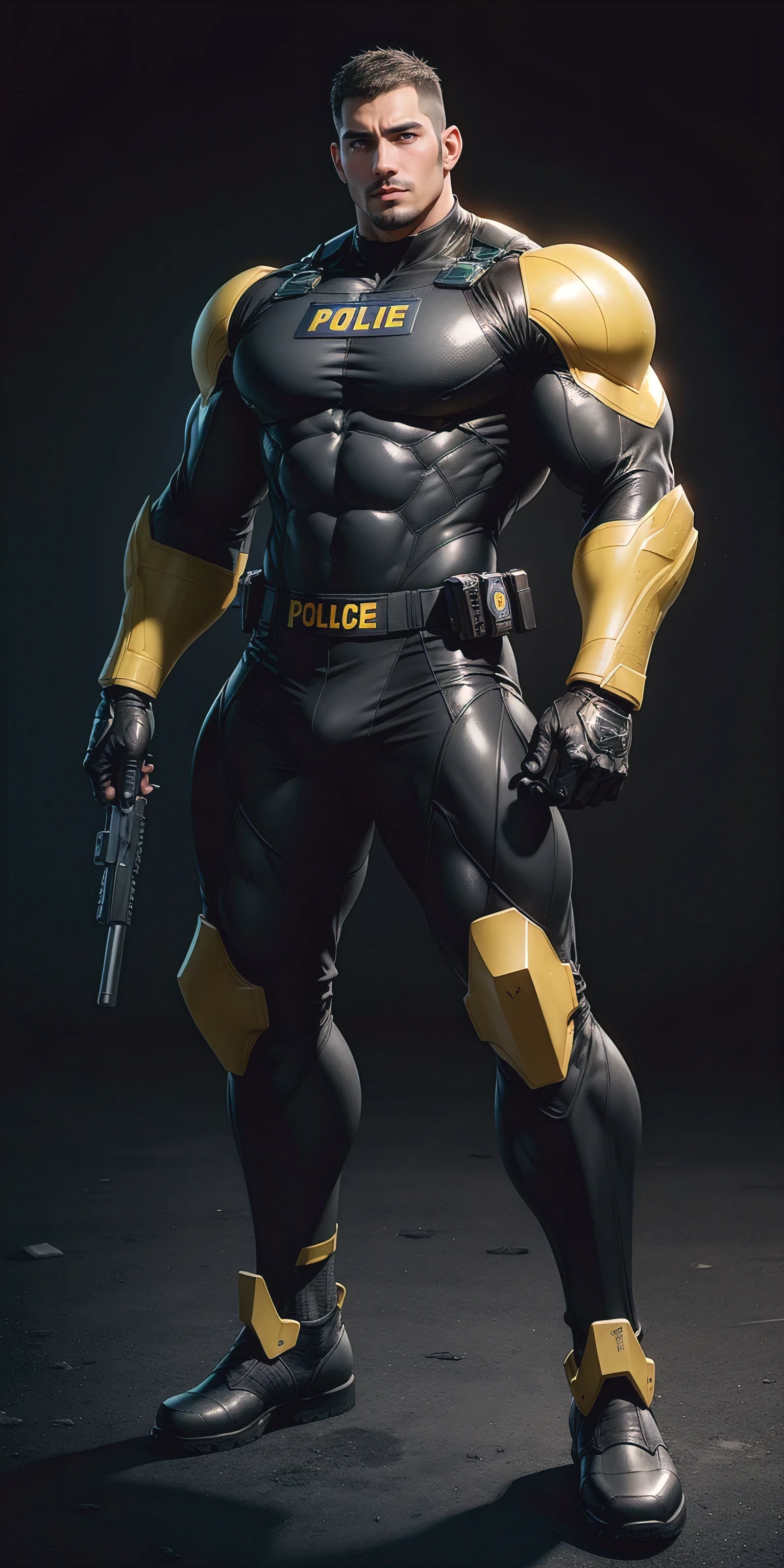 Tall giant muscular police officer,Yellow-gray honeycomb network pattern nano mecha,honeycomb pattern,Lightweight texture,character concept(Resident Evil - chris redfield,chris redfield)senior police officer,small grid texture,regular symmetrical texture pattern,sad expression,Deep and charming eyes,emerald eyed hero,heroic male pose,tall burly,muscular!Charming leg muscles,High, burly, Heqiang, Super gain and cool, high resolution committee, Yellow-gray ultra-thin nano mechanical boots suitable for big feet,Charming strong man,The bright sunshine is shining on you,matte particles,shiny texture