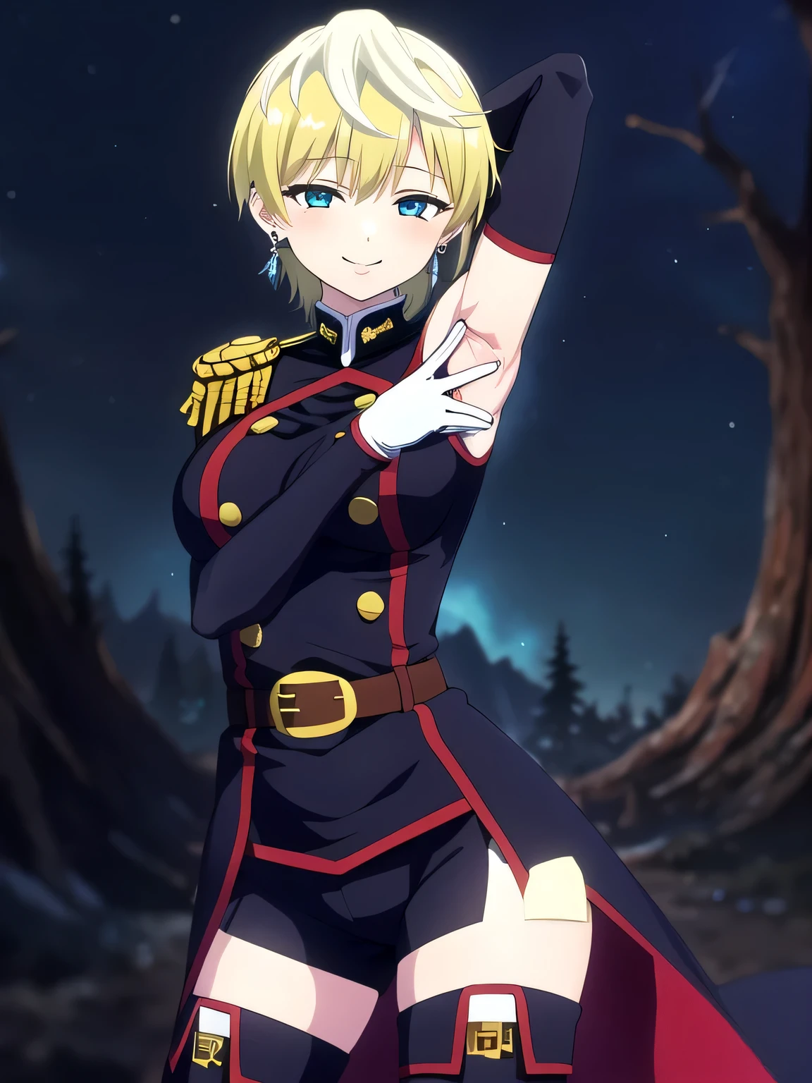 Tenka Izumo, 1girl, solo, thighhighs, green hair, earrings, jewelry, gloves, blonde hair, short hair, blue eyes, breasts, large breasts, white gloves, smile, shorts, uniform, belt, epaulettes, green hair, looking at viewer, coat, thigh boots,  closed mouth, solo, upper body, night sky, forest, arms behind head, contrapposto, spread armpits, smile, masterpiece, best quality, highres,