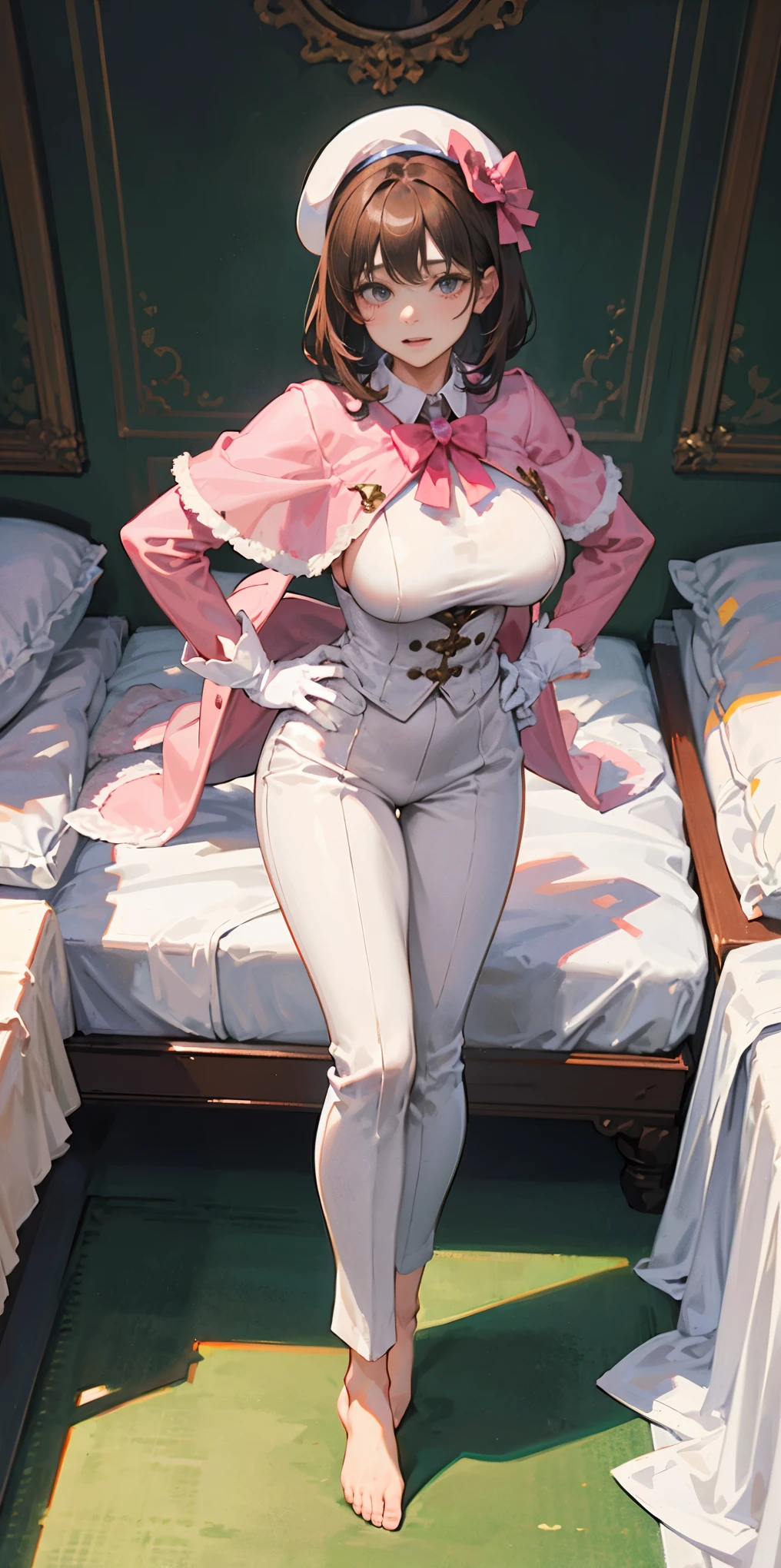 masterpiece, best quality, full body, barefoot, solo, female, big breast, feforrest, beret, pink capelet, pink tunic, white pants, brown gloves, upper body, looking at viewer, shy, from above, mansion, room, finely decorated room, pink theme, big breast but cover, hands to hip