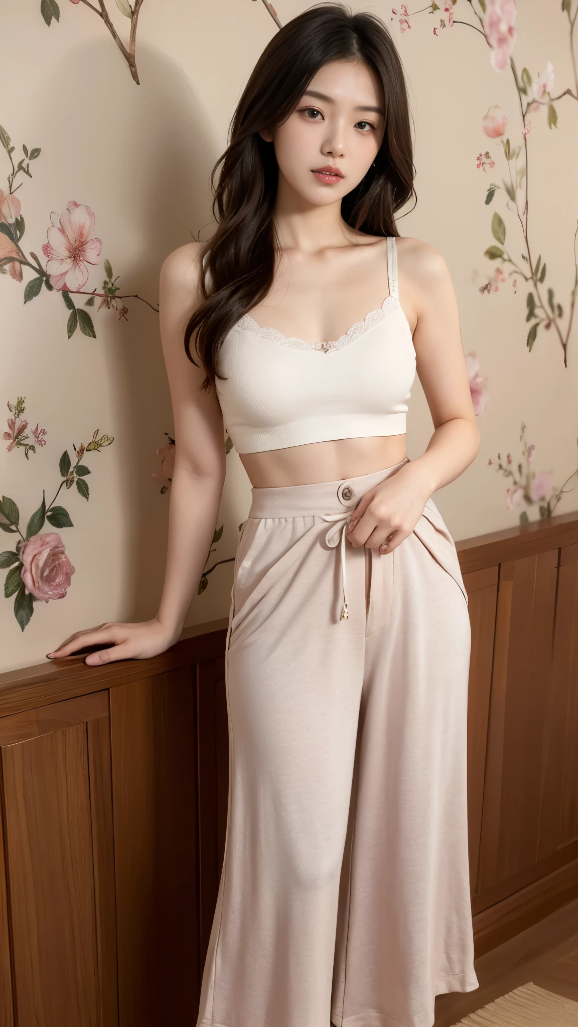 ((best quality)), ((masterpiece)), (detailed), perfect face, fitting room background, pink pattern wallpaper, beautiful decorated bra, big bust, stockings, socks, buttoned beige mini skirt, (pants, Grab your skirt and lift it up.:1.4), ultra high resolution room, Fittings, 8k, perfect body, hud, Ergonomic, slim legs, small face, long eyelashes, Sparkling pink lips, eye for detail, clean skin, blemish-free face, japanese girl, 20 year old woman, 1 woman, I can see the pelvis,