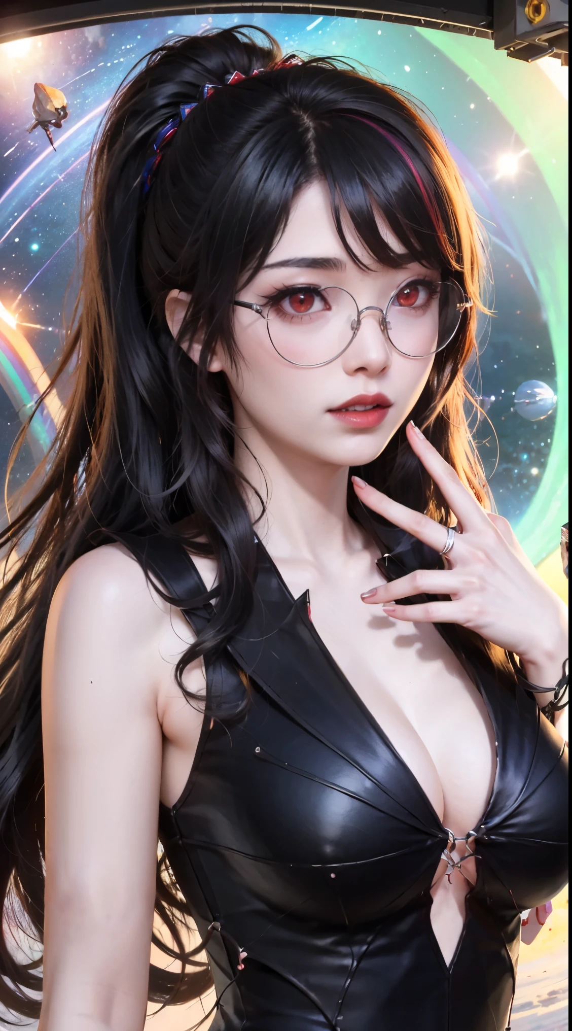 1名 27歳 woman, got it、(best illustrations)、8k UHD resolution、intricate details、最high quality、realistic、Super detailed、best lighting、best shadow、soft lighting、ultra hd、dungeon and Dragon、cave、dungeon、 necromancer、night、dark style、Succubus、devil&#39;Daughter of、bat wings，(((デーモンホーンラック縁round glasses))))、(((big breasts)))、(devil&#39;tail)、(red eyes shine:1.6)、masterpiece、beautiful features、Tyndall effect、realisticphotograph、(high detail skin:1.2)、8KUHD、Digital single-lens reflex camera、high quality、photograph、High resolution、 absurd、Ponytail distortion、Optimal ratio of 4 fingers and 1 thumb、1 girl、hair ornaments、真っ赤に輝くgemのネックレス、gem、beautiful expression、body up、big breasts emphasis、tight waist、wide ass、Tyndall effect、Photoreal、(high detail skin:1.2)、dark and mysterious version, lipstick red lips, thin and beautiful lips, Don&#39;Don&#39;Don&#39;don&#39;t laugh, please keep your mouth shut, Characters created by Karol Baku and Pino Denis, intricate details, detailed background, very detailed, magic of light, woman, cute face, ((((giant glasses, otaku glasses, thick glasses, round glasses))))、 looking at the Upper body of the goddess , round chest, big and round chest, phoenix hair brooch, long hair with bangs, (Long hair has seven colors like a rainbow:1.9), Beautifully detailed face and well-proportioned eyes, (Crystal clear red eyes: 1.8), Big round eyes and very beautiful and detailed makeup, Visionary, long silk nightgowns, mysterious makeup, ブresponseレット, I dyed the side bangs light yellow...., Upper body, (goddess Upper body: 1.8), hanging arms, リアルで鮮やかなphotograph, (stars that make up : 1.7), ( Space-time portal of sky and imagination: 1.8), fiction art, RAWphotograph,黒い着物のphotograph, 最高のphotograph , expensive_response, 最high quality, 最高のphotograph, 8K quality, 8k ultra , surrealism, 最も経済的な本物のphotograph, Artistic portrait of 12 signs, Symbol of one of the 12 signs on the reverse side, 12 Portrait of the Goddess, 最もrealistic配色, 最高のphotograph color, masterpiece, hair ornaments, ネックresponse, jewelry, beautiful face, Upper body, Tyndall effect, photographのようにリアルな, Dark studio, border light, two tone light, (fine skin) expensive: 1.2), 8k UHD, Digital single-lens reflex camera, soft light, expensive quality, volume light, Frank, photograph, expensive responseolution, 4K quality, 8k, Bokeh, smooth and sharp, 10x more pixels, Charming goddess, sexy goddess, (background space: 1.8), (milky way: 1.7), aurora, lightning, (auroraの背景: 1.8) <roller:crazy_perfect eyes_v1_from_v1_, beautiful goddess and flowers, 