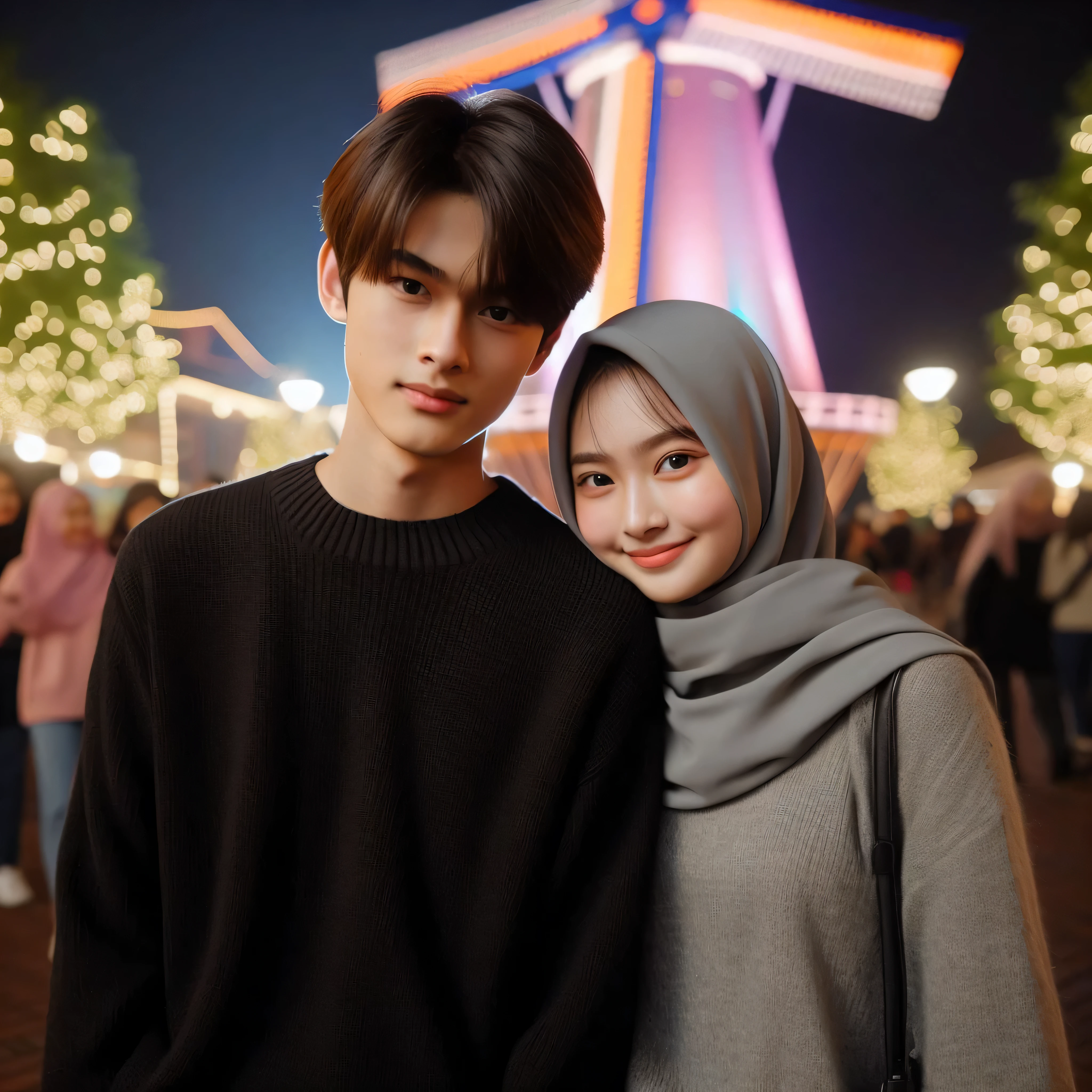 Seorang lelaki asia umur 17 tahun berambut lurus belah tengah dengan sweter hitam dan celana jeans panjang, berdiri bersama wanita asia berhijab, sweter abu saling bercanda, suasana romantis, latar belakang di depan kincir angin megah dengan warna-warni cantik lampu, suasana pasar malam, potret samping, potret konter, fotografi profesional, gambar detail, tinggi, tersenyum menatap kamera